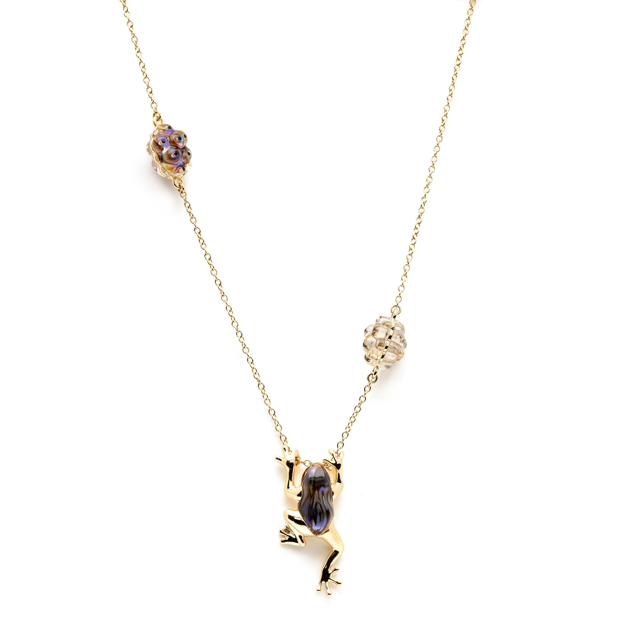 18k yellow gold carved white quartz abalone frog pendant with eggs on the chain by Bibi van der Velden tiny gods