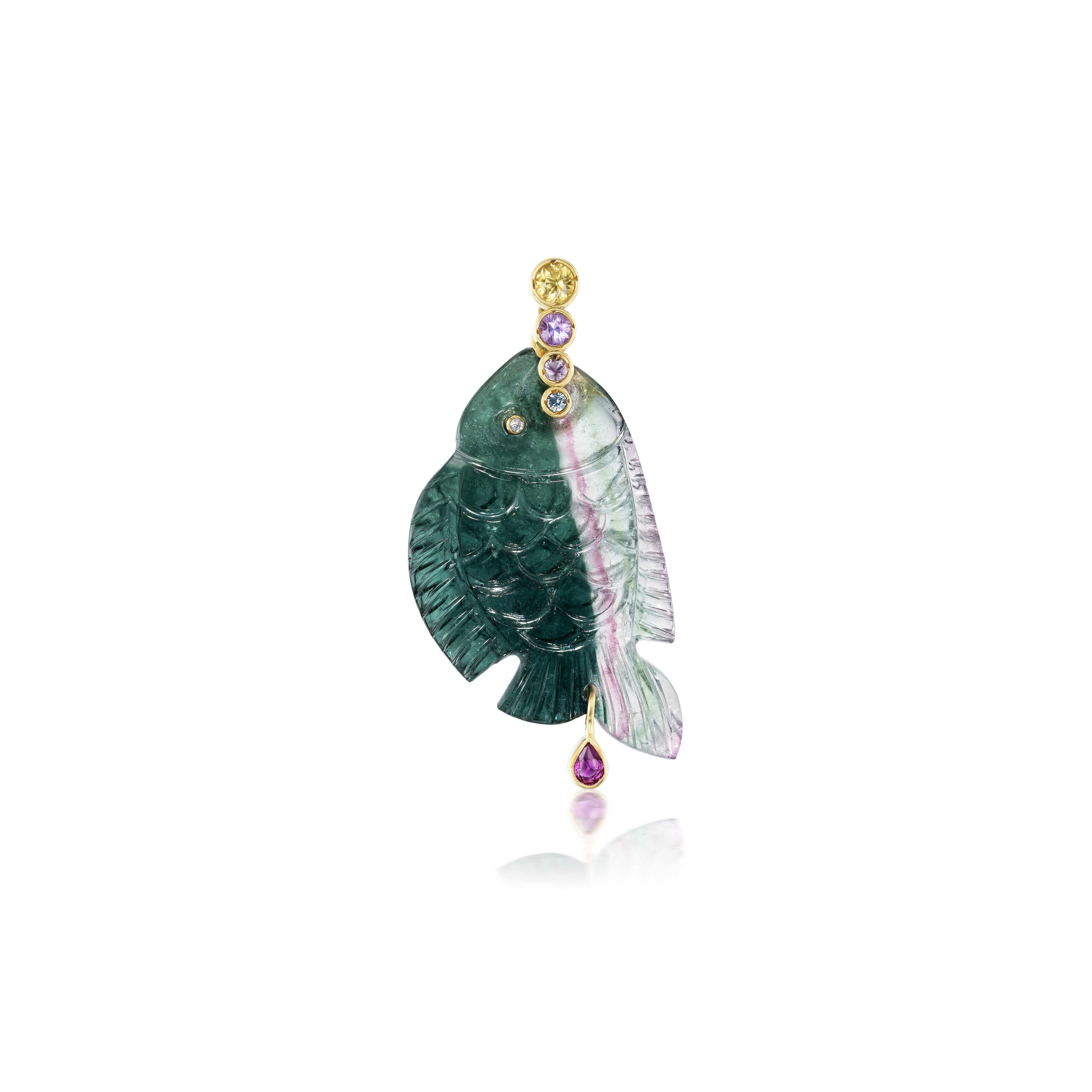 18k yellow gold and carved bicolor Green Tourmaline Fish with Multicolor Sapphires bale pendant charm Violette at tiny gods