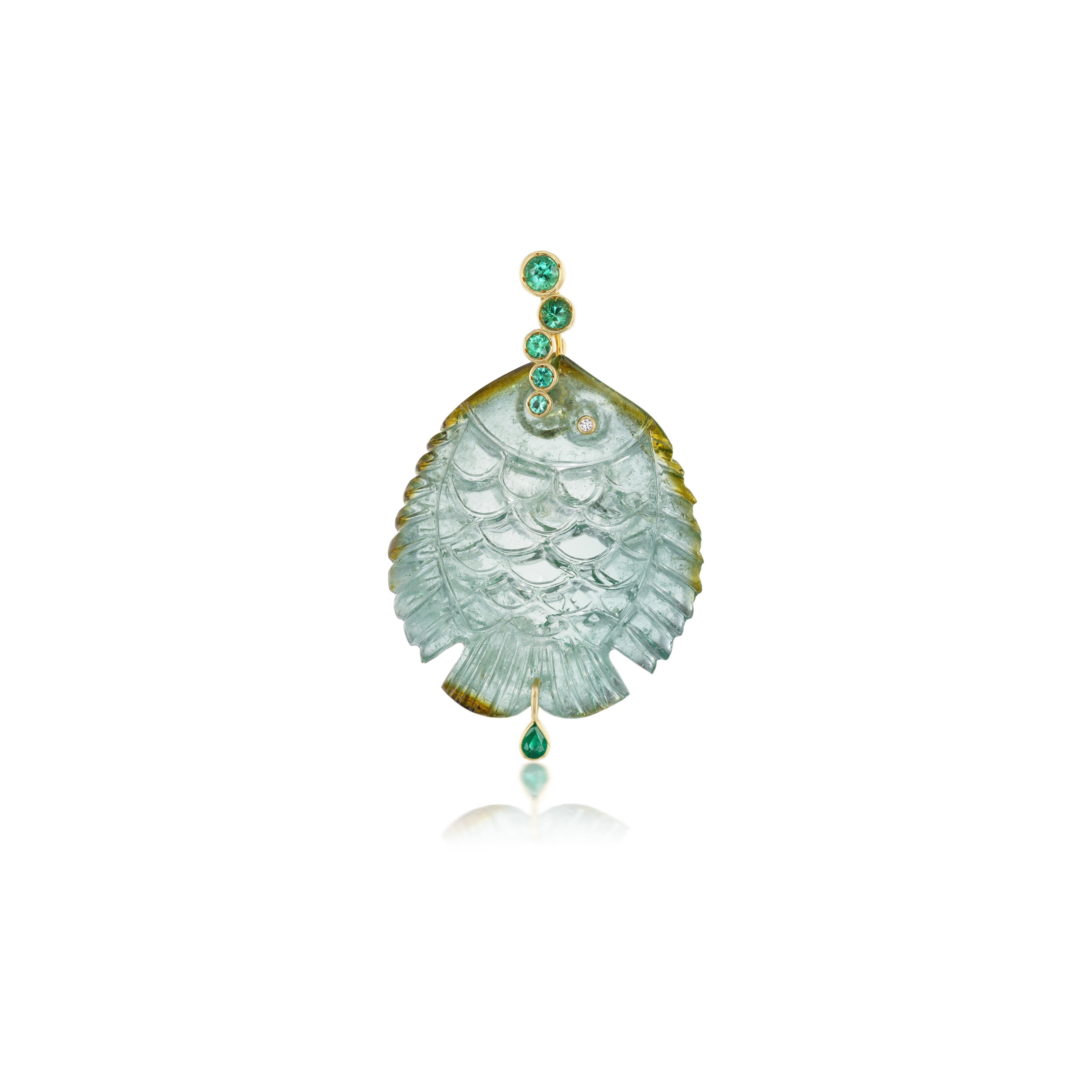 18k yellow gold hand carved Big Green Tourmaline Fish charm pendant with Emeralds by Violette at Tiny Gods