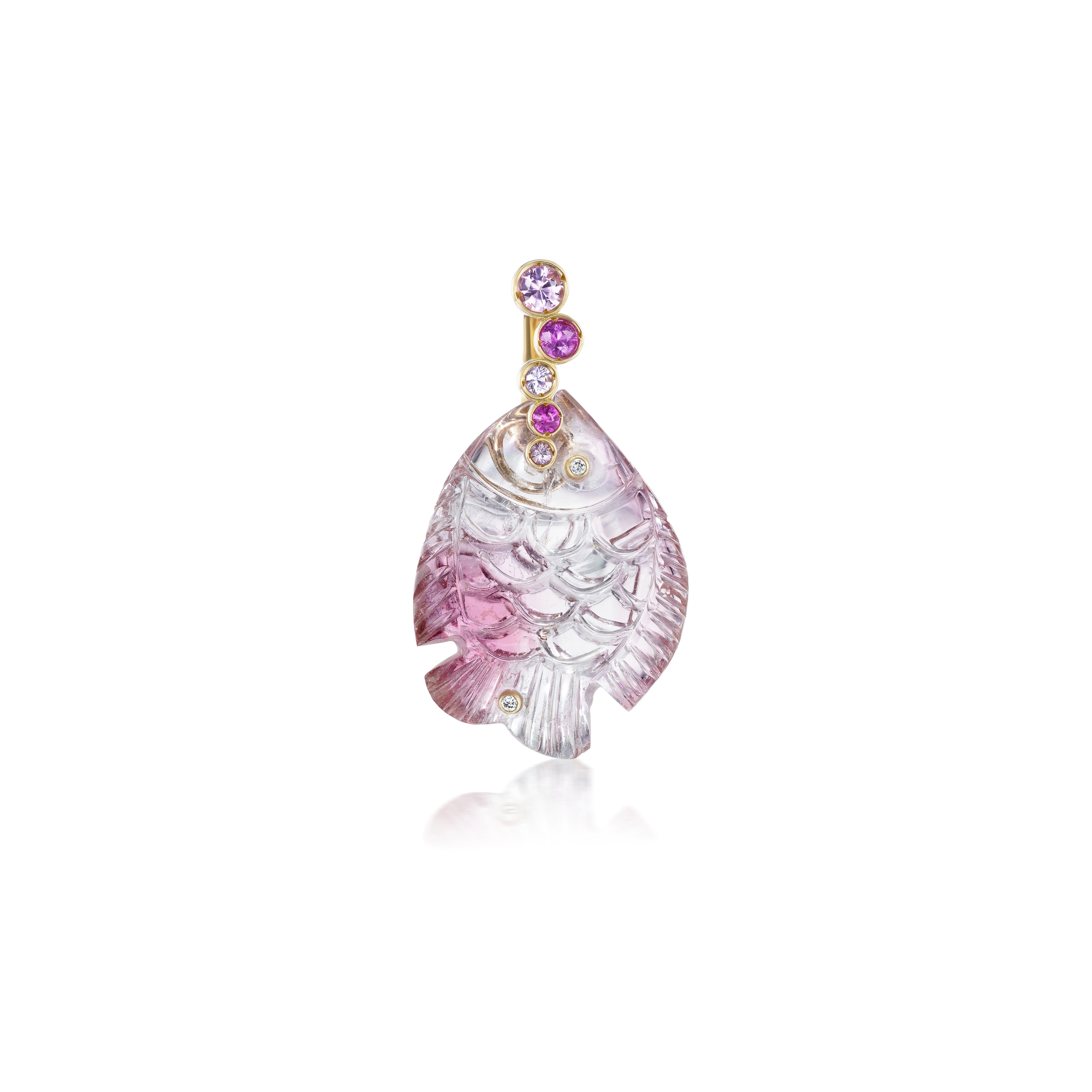 18k yellow gold pink tourmaline hand-carved fish pendant charm with pink sapphire bezel set bale enhancer sealife jewelry violette at tiny gods
