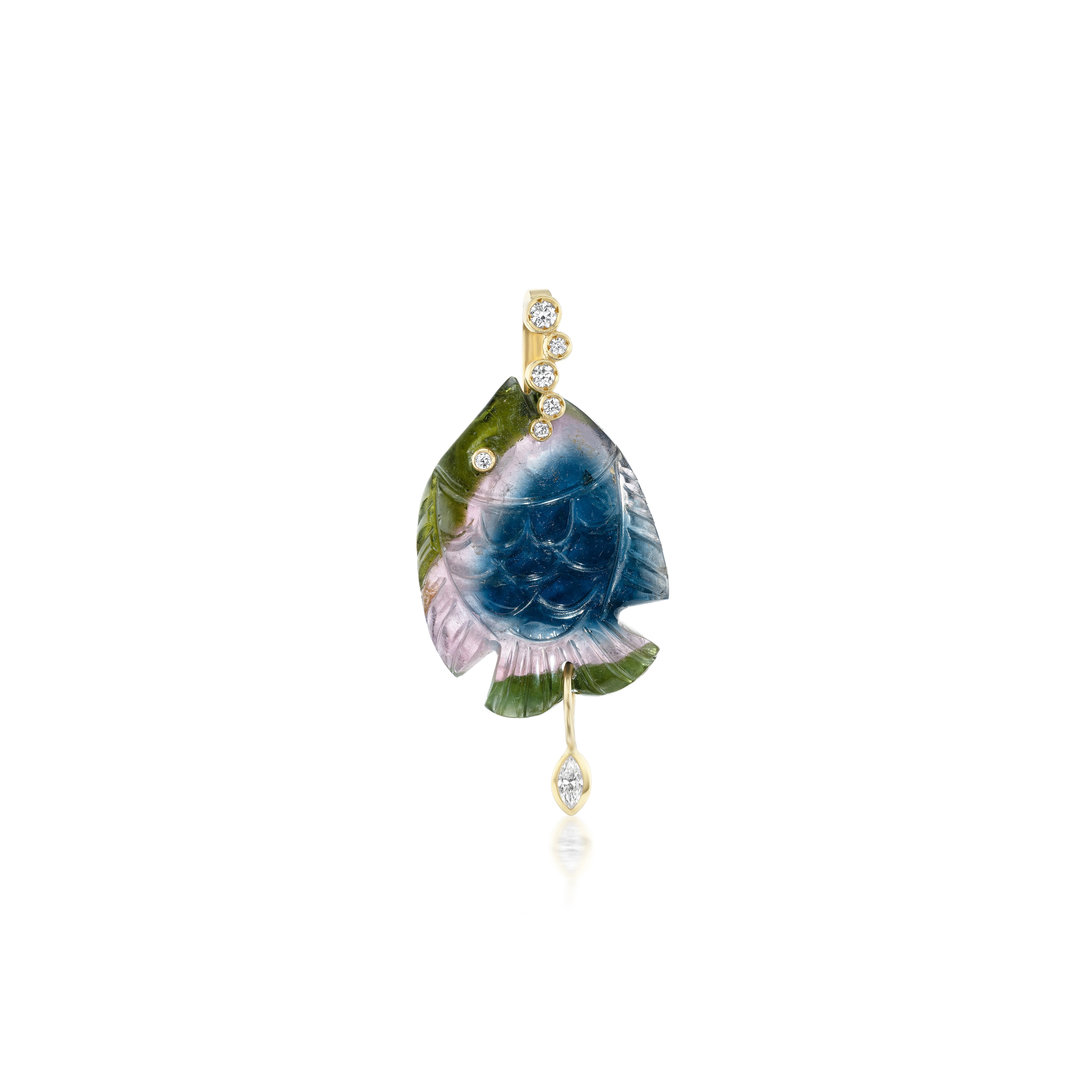 18k yellow gold rainbow Tourmaline Fish Pendant Charm with Diamond Bubble Bail by violette at tiny gods