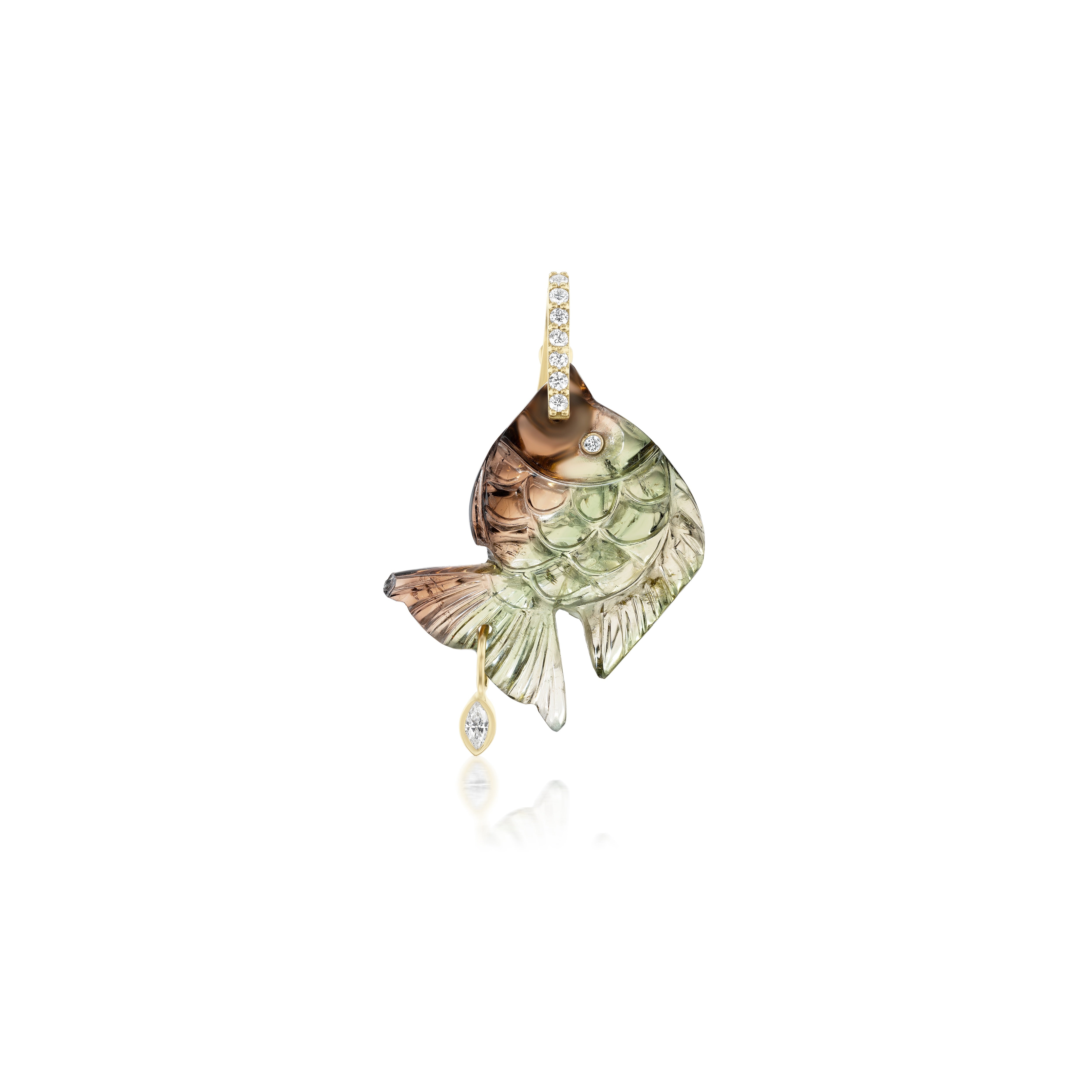 Medium Green & Orange Tourmaline Fish Charm Pendant with diamond bale 18k yellow gold by Violette at Tiny Gods