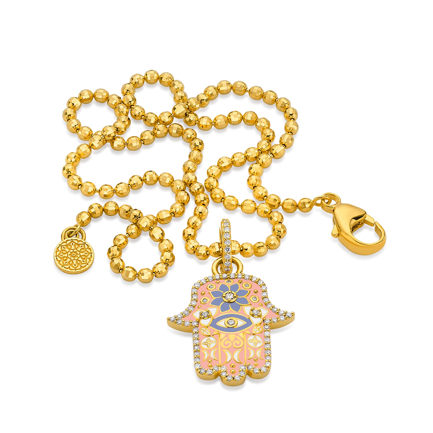 20k yellow gold pink enamel, white and periwinkle enamel diamond hamsa evil eye pendant by Buddha Mama Tiny Gods