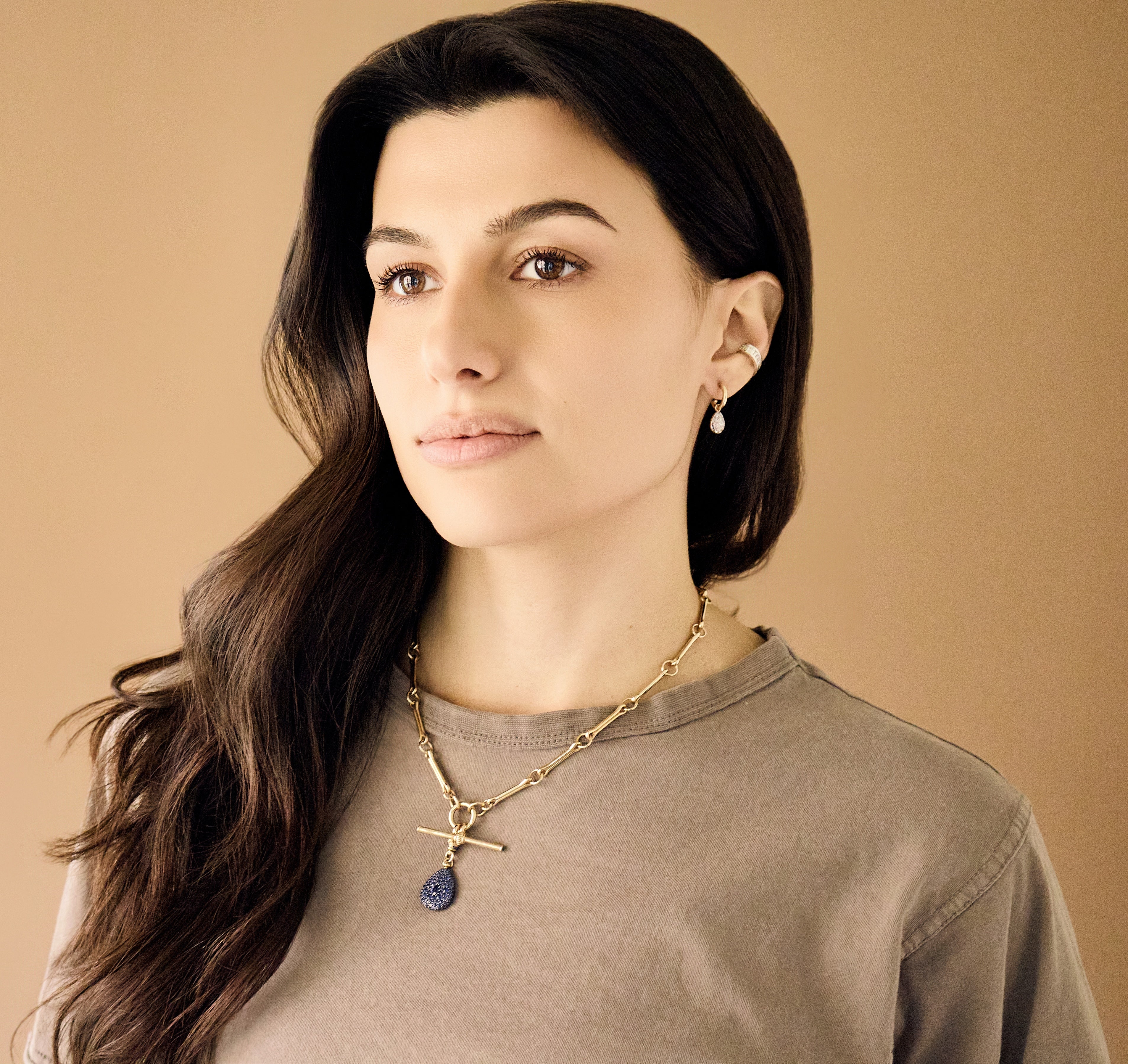 14k yellow gold antique blue sapphire pear pocket watch pendant charm by Lucy Delius Tiny Gods on model