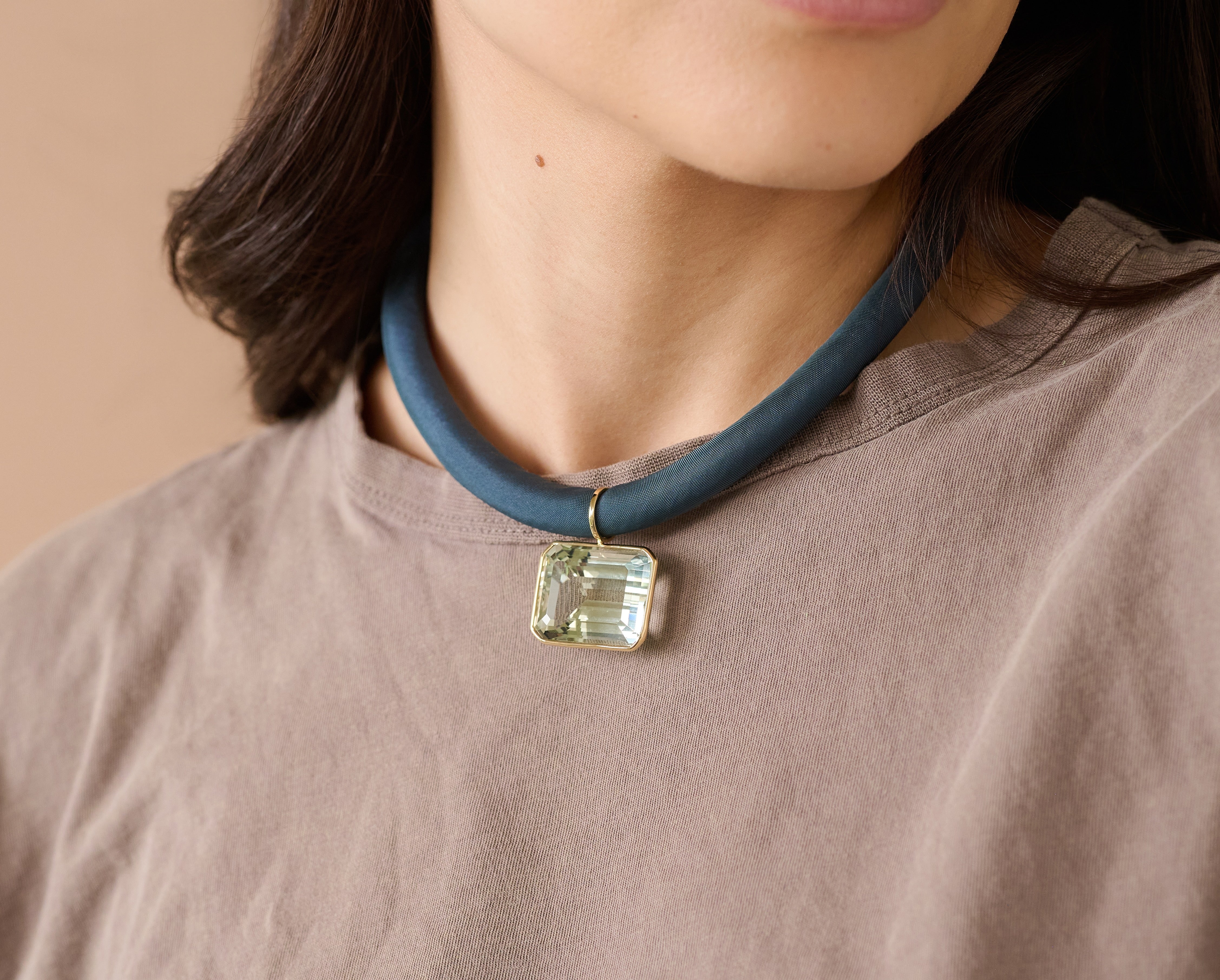 Yvonne prasiolite silk choker sauer tiny gods necklace on model