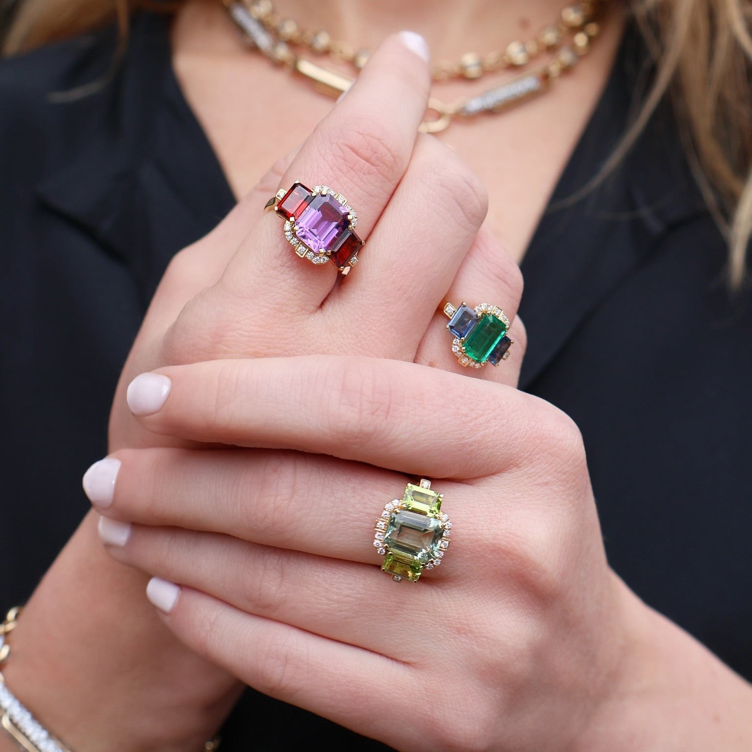 18k yellow gold 3 stone emerald cut amethyst, garnet and diamond trio ring by Goshwara Tiny Gods
