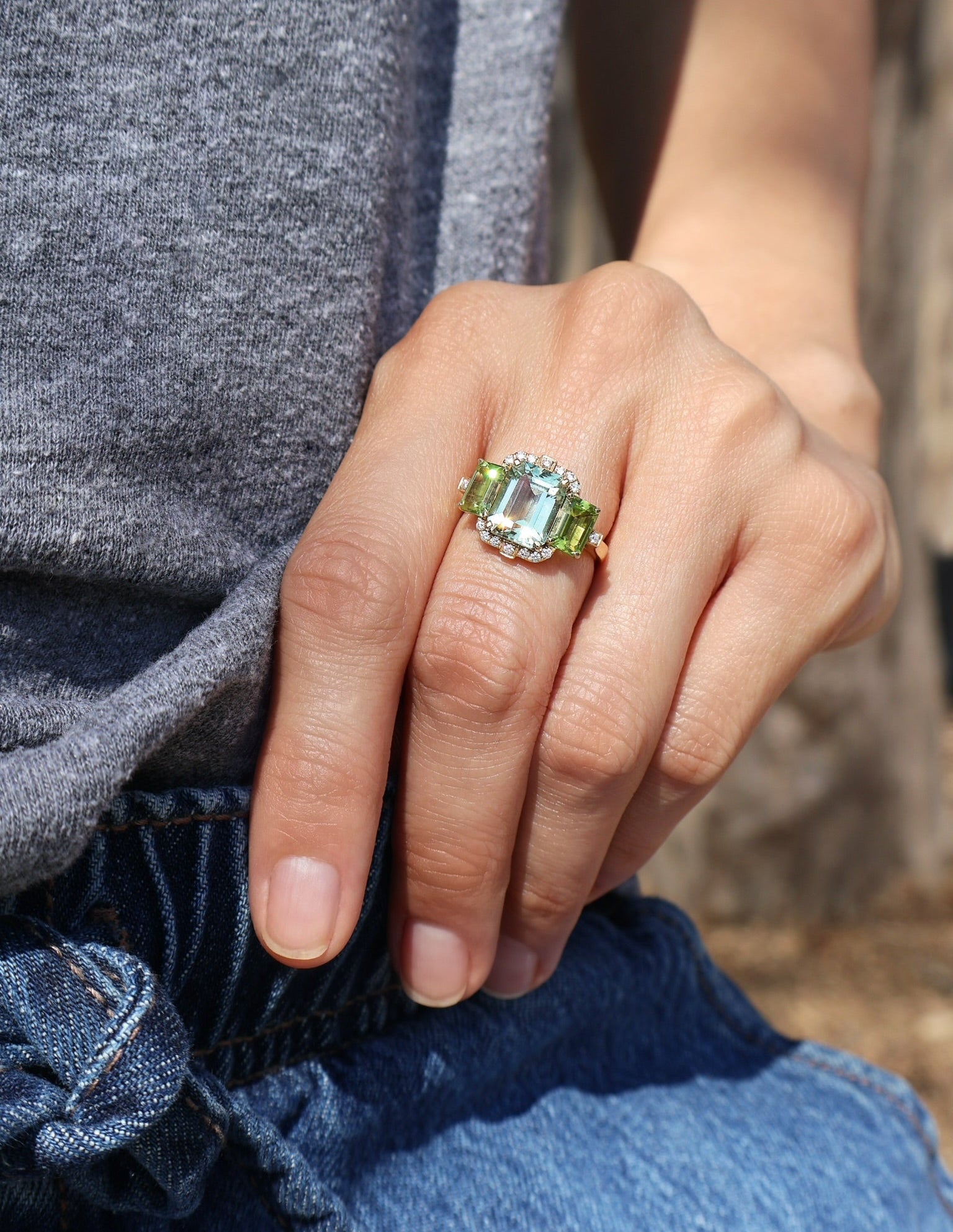 18k yellow gold 3 stone emerald cut prasiolite and peridot ring with diamonds by Goshwara Tiny Gods