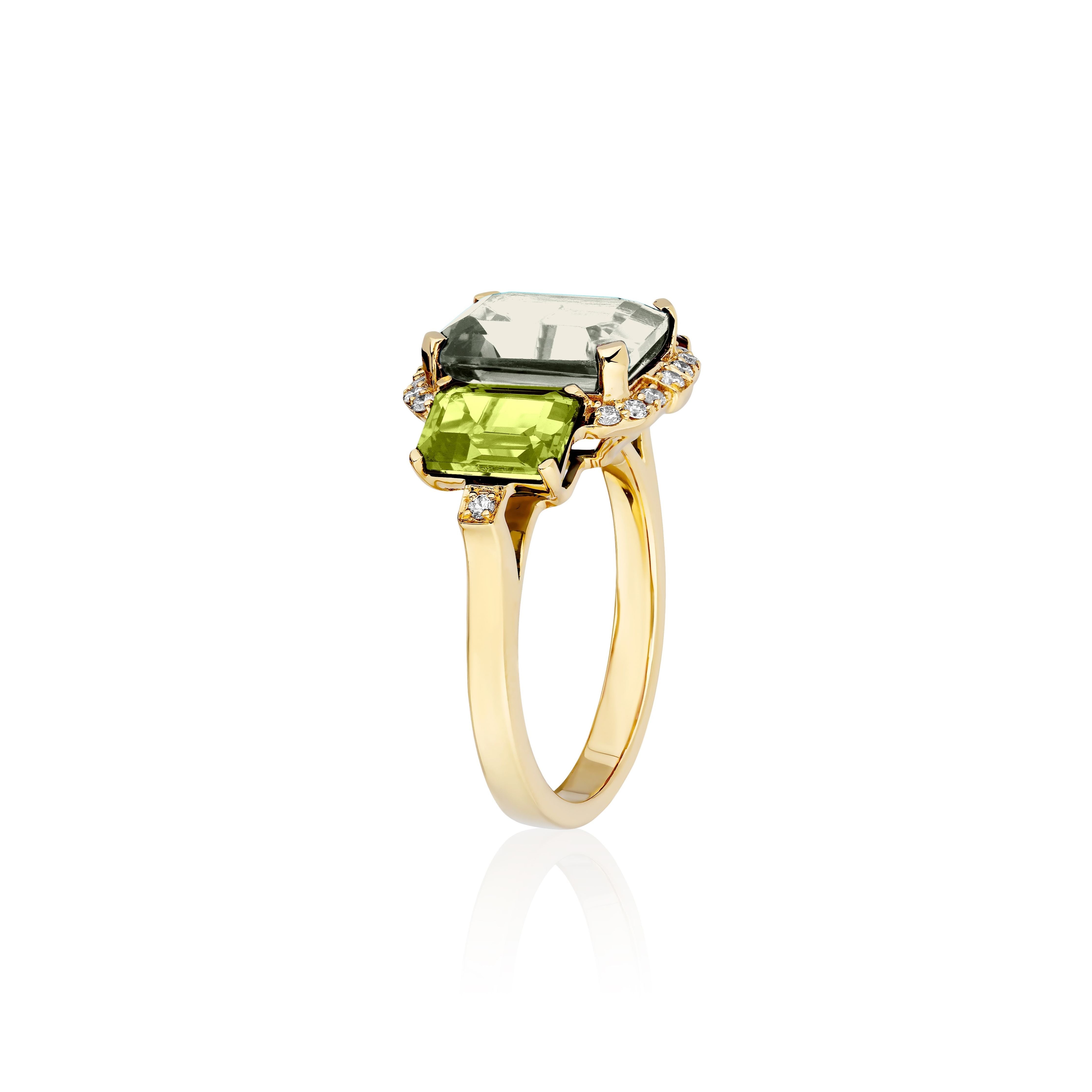 18k yellow gold 3 stone emerald cut prasiolite and peridot ring with diamonds by Goshwara Tiny Gods