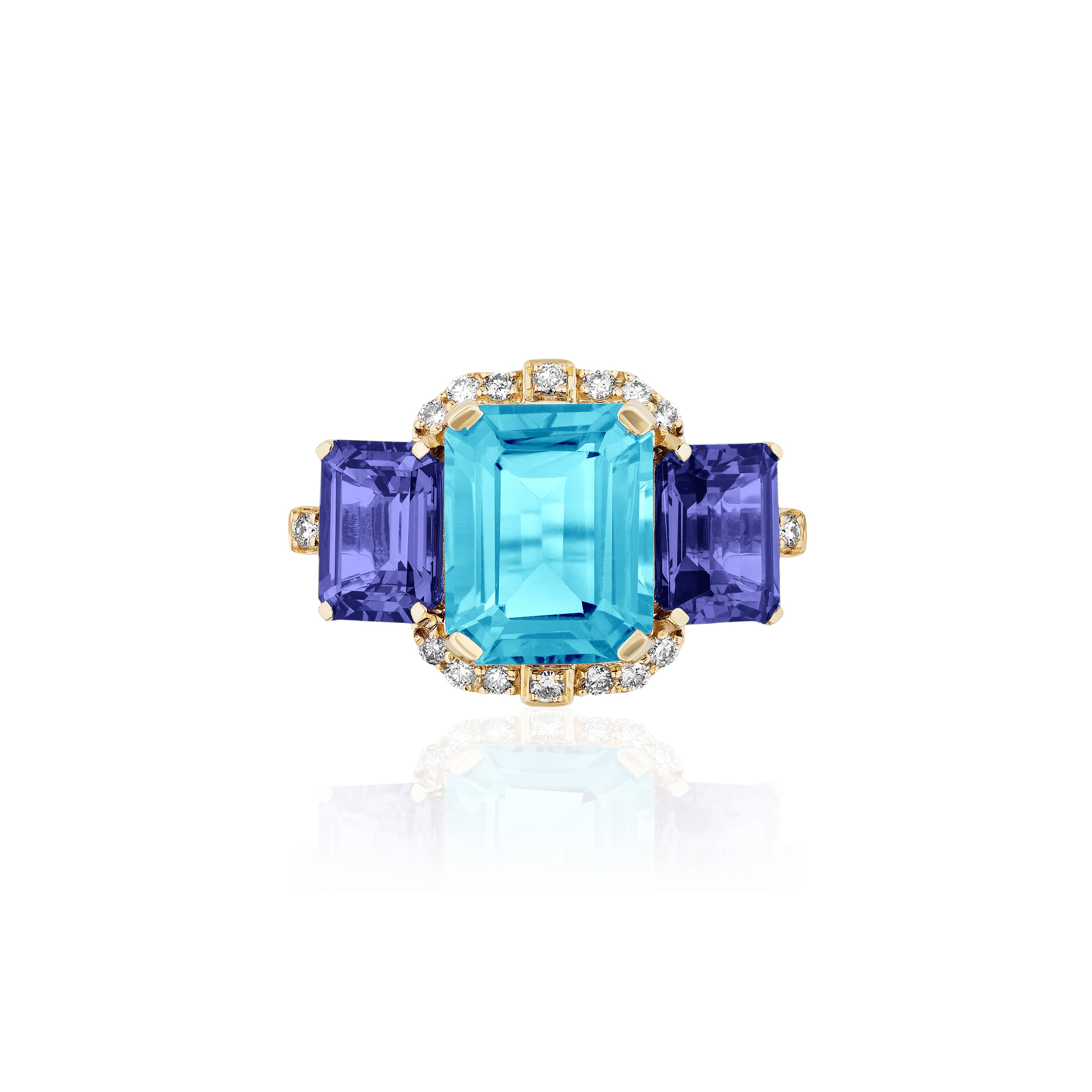 18k yellow gold 3 stone ring with blue topaz tanzanite and diamond pave by Goshwara Tiny Gods