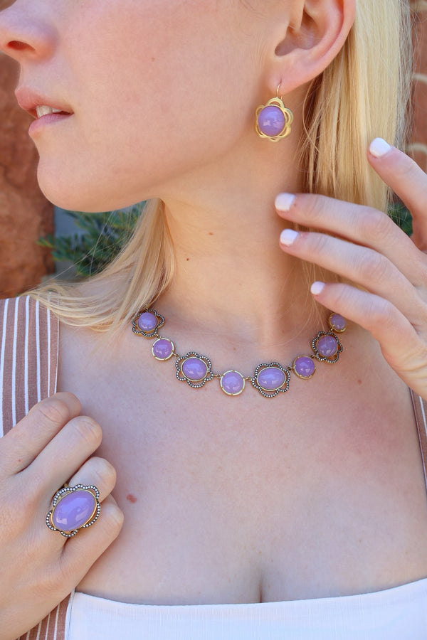 Purple Calcedony Flower Earrings