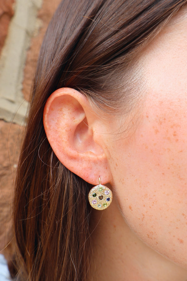 14k yellow gold Hollywood disc earrings with multi color by Rene Barnes Tiny Gods