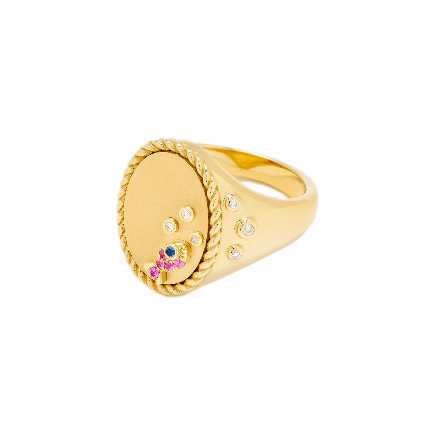 9k yellow gold oval chevalier under the water ring with pink sapphire fish signet ring by Yvonne Leon Tiny Gods