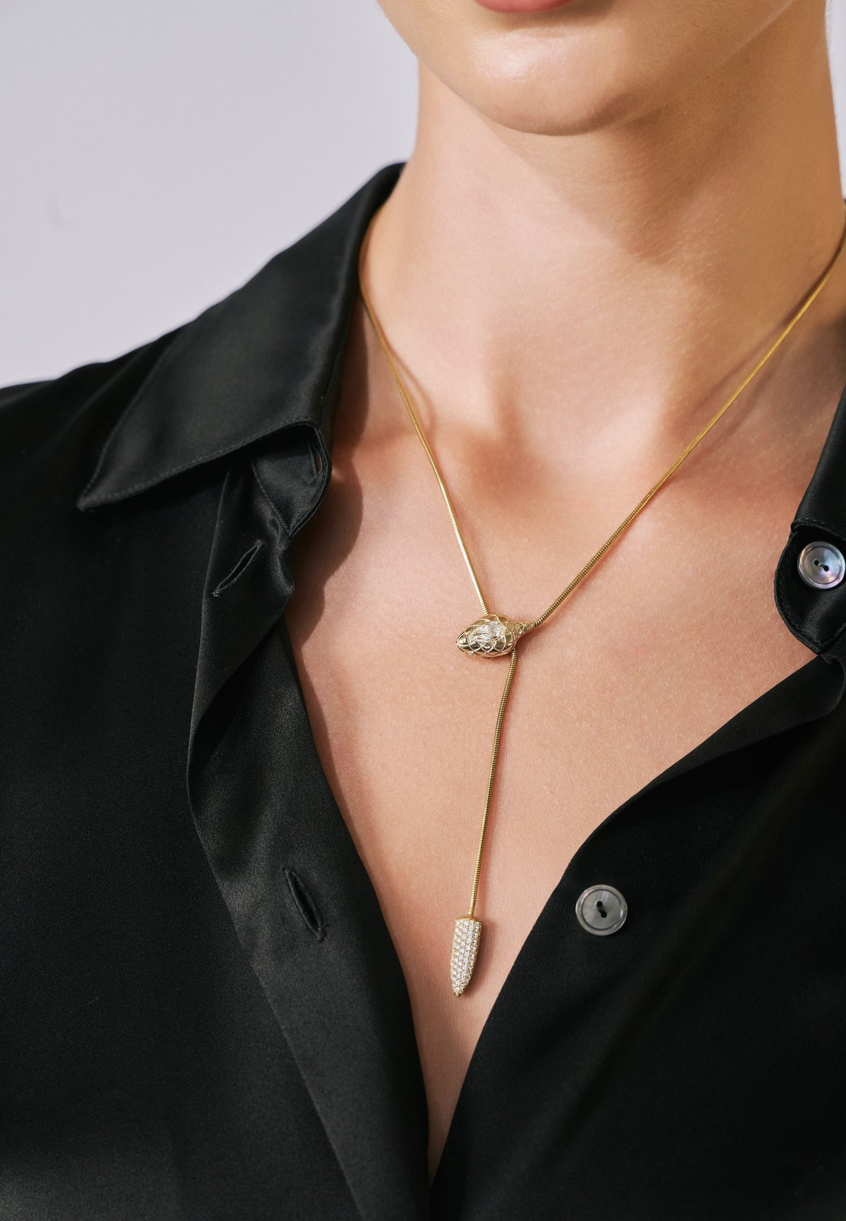 14k yellow gold Vintage Diamond Snake Chain Lariat Necklace on model