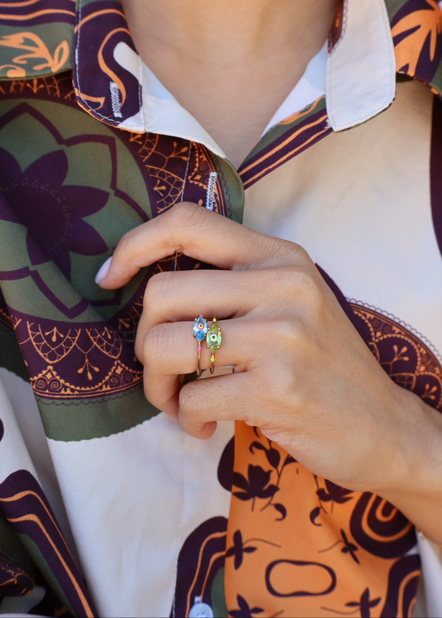 9k yellow gold marquis blue topaz evil eye fortuneye love evil eye enamel ring by Bea Bongiasca Tiny Gods