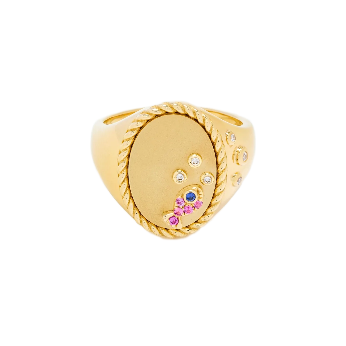 9k yellow gold oval chevalier under the water ring with pink sapphire fish signet ring by Yvonne Leon Tiny Gods