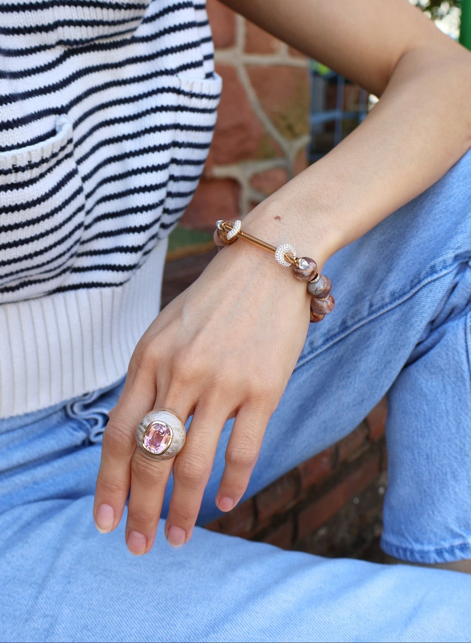18k yellow gold jumbo brown agate beaded gold bar diamond loop chakra bracelet with titanium coil stretch by Ananya Tiny Gods