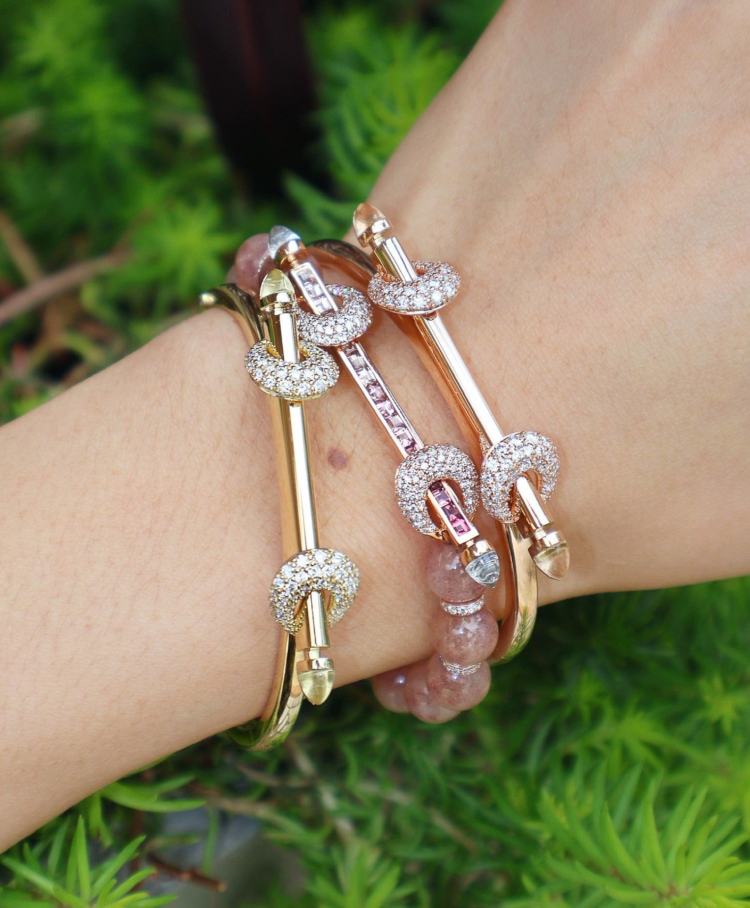 18k rose gold diamond Rose Gold Chakra Icon Bracelet bangle by ananda tiny gods on model