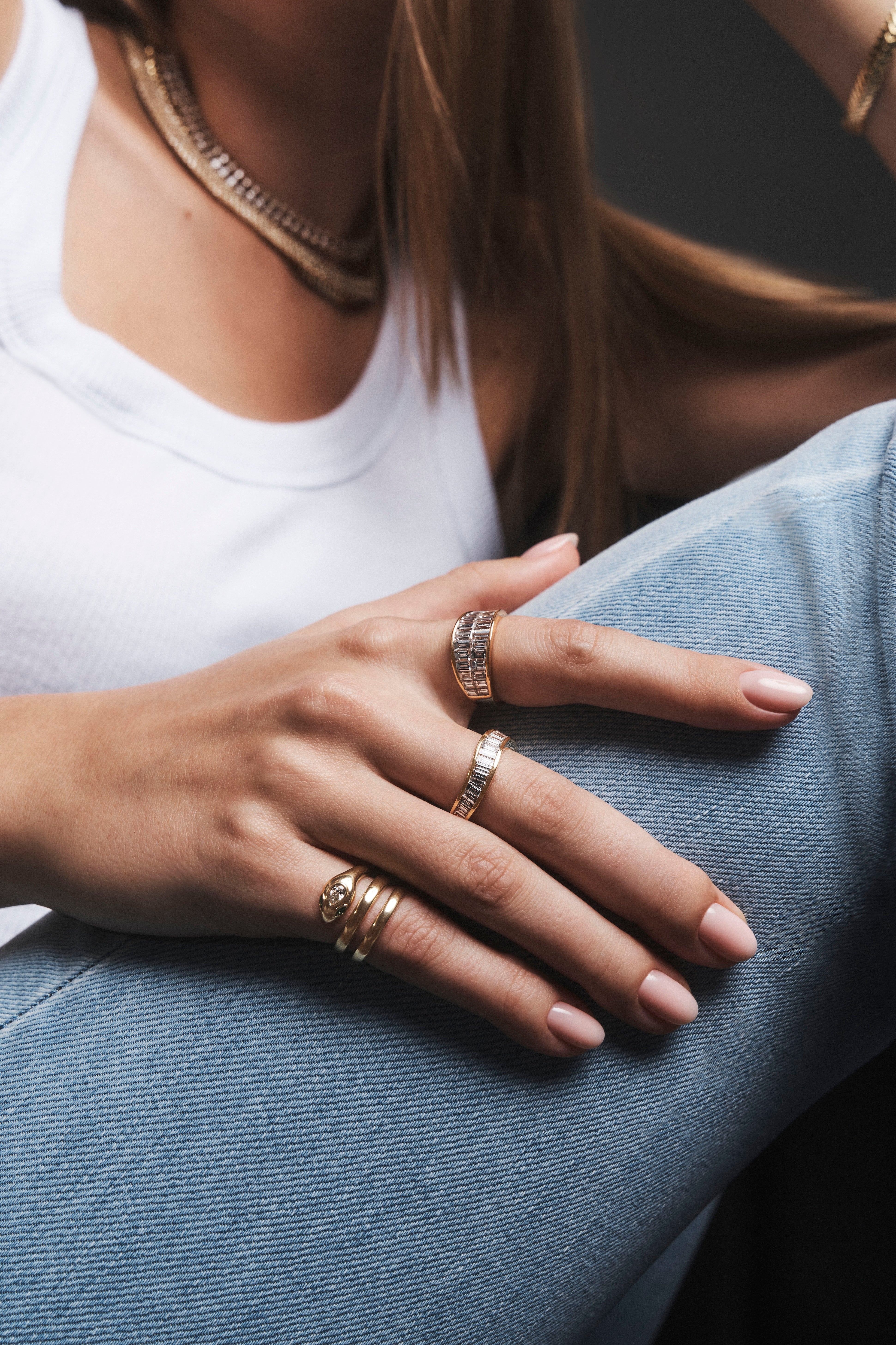 18K yellow gold Snake Coil Pinky Ring with emerald snake coil serpent band by Anita Ko at Tiny Gods