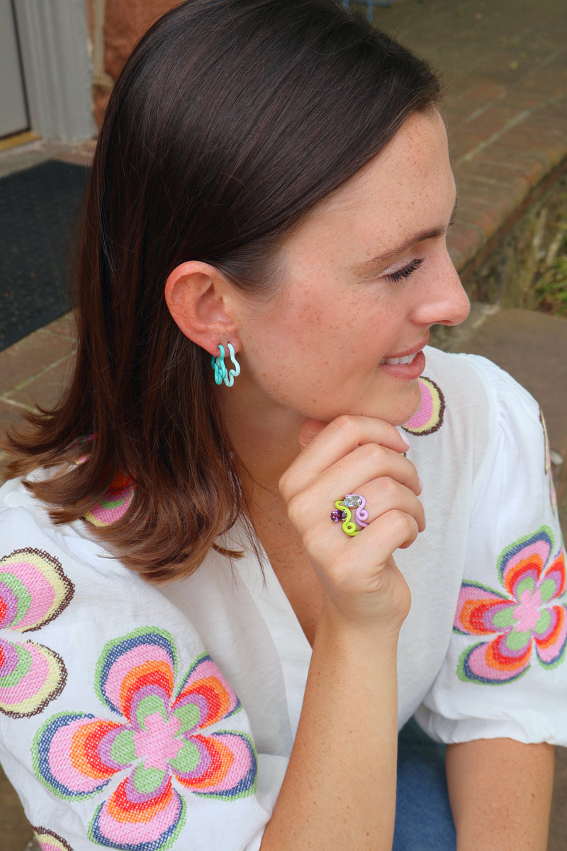 9k yellow gold blue two tone flower power earrings and vine rings by Bea Bongiasca Tiny Gods