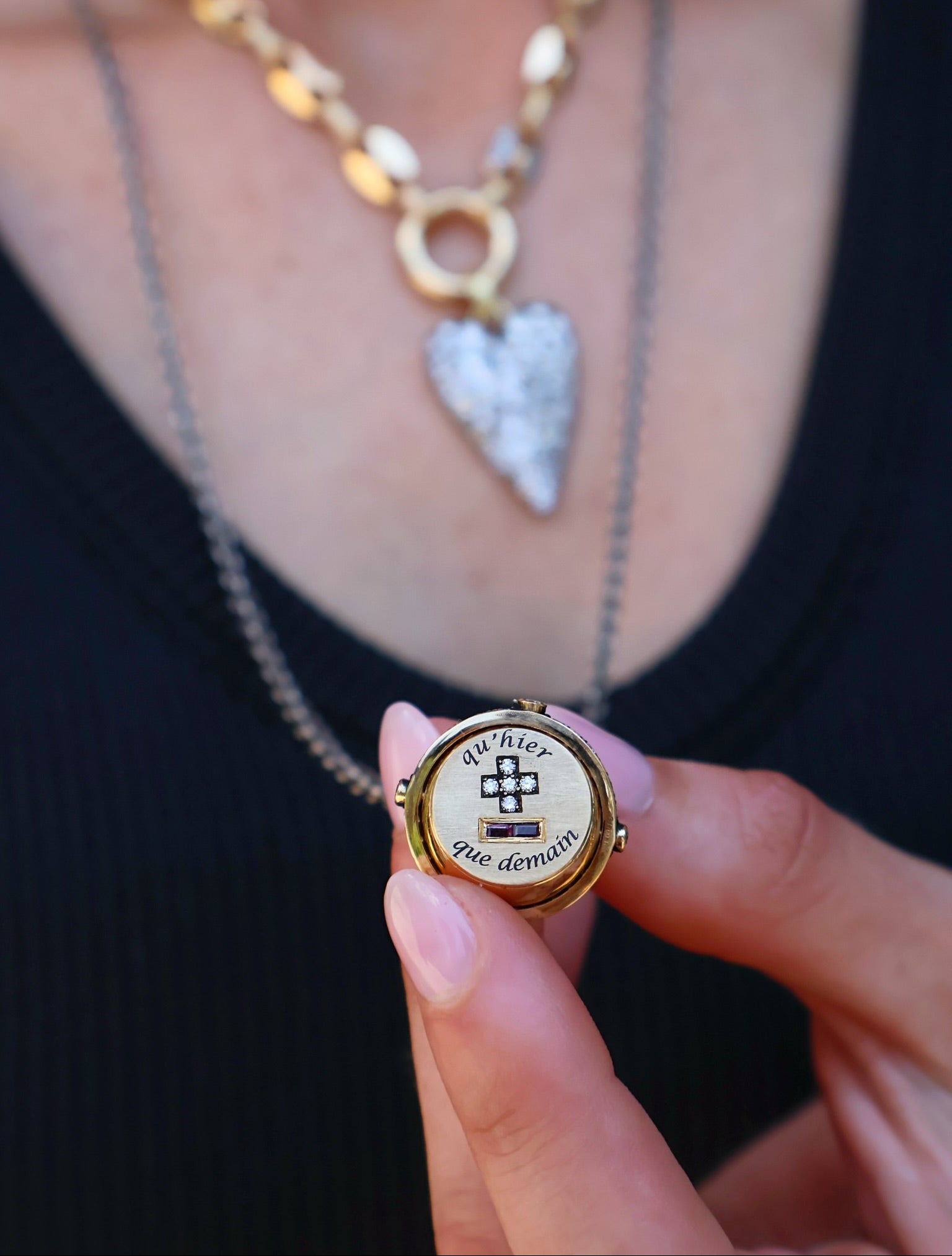 18k yellow gold que'heir que demain, love you more than yesterday, less than tomorrow, this french love token secret orb talisman has a hidden secret message by Circa 1700 Tiny Gods