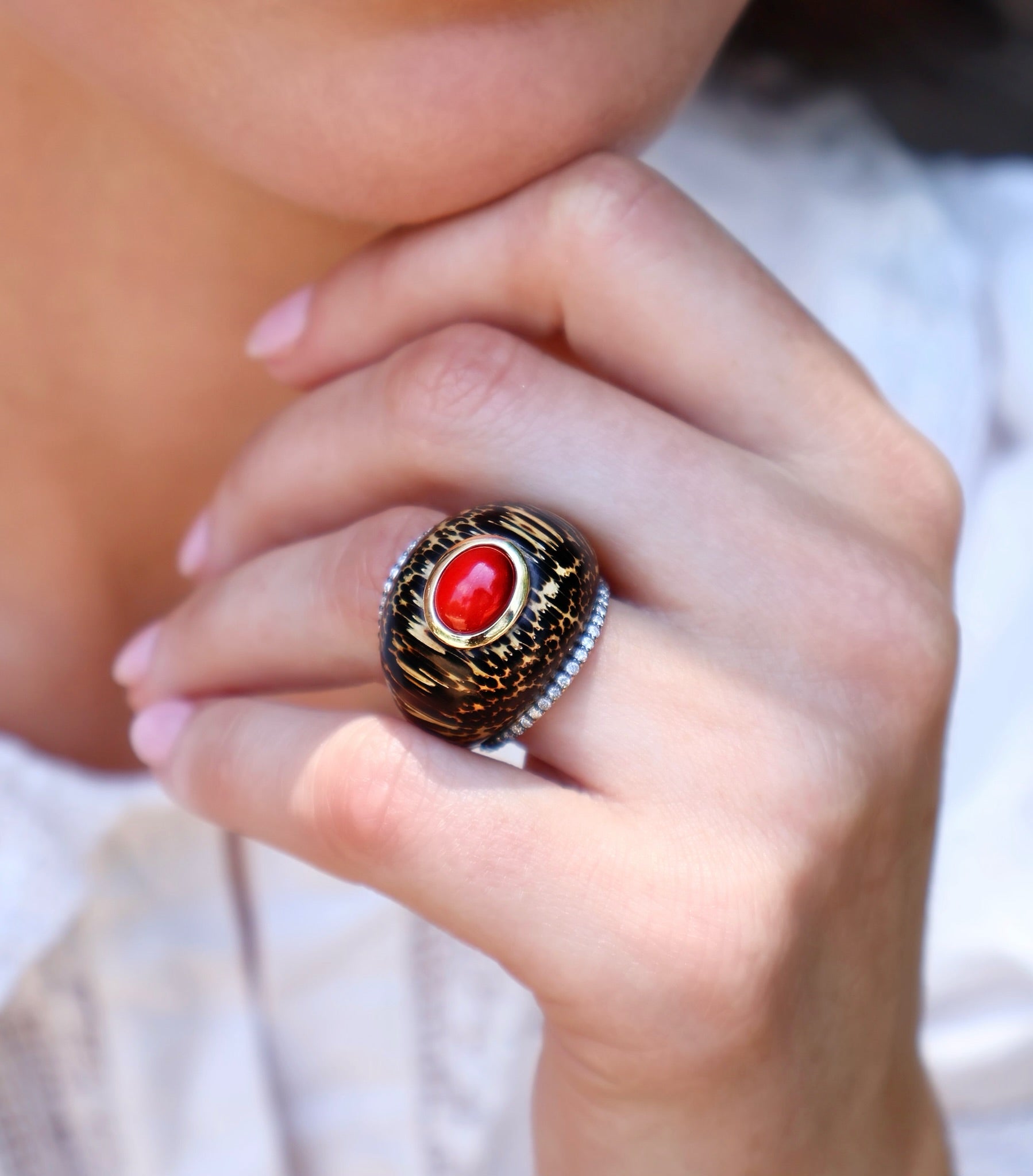 Coral, Diamond and Black Palm Wood Ring Silvia Furmanovich tiny gods