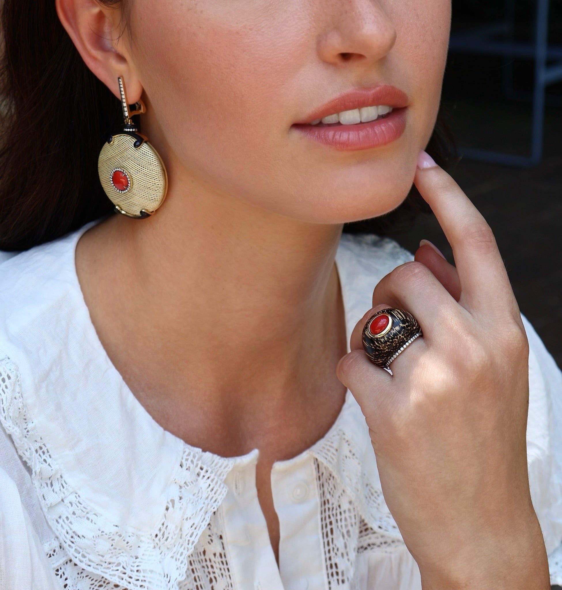 Coral, Diamond and Black Palm Wood Ring Silvia Furmanovich tiny gods