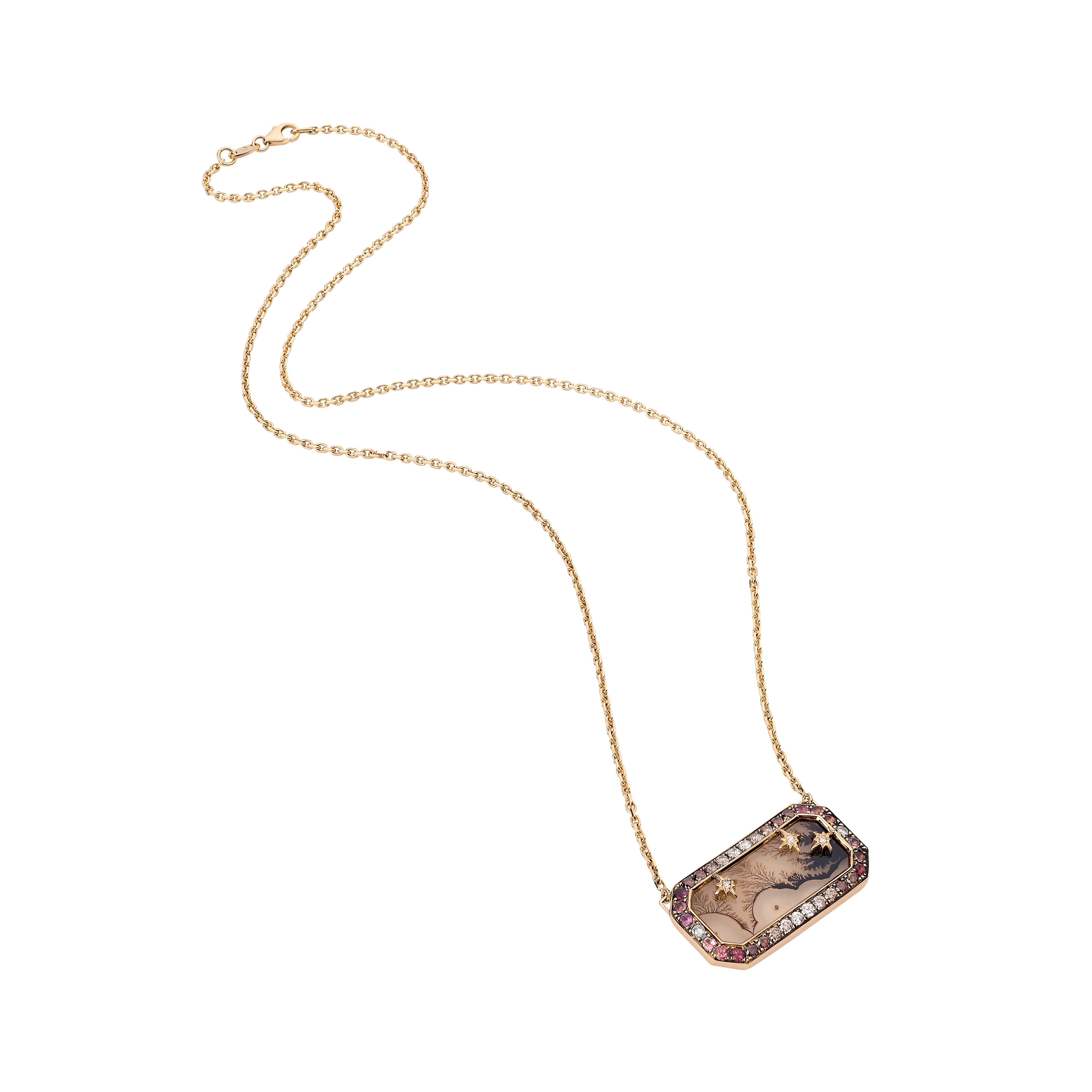 18k yellow gold dendritic agate Daphne rectangular pendant with diamonds, pink sapphires and stars on a chain by Venyx Tiny Gods