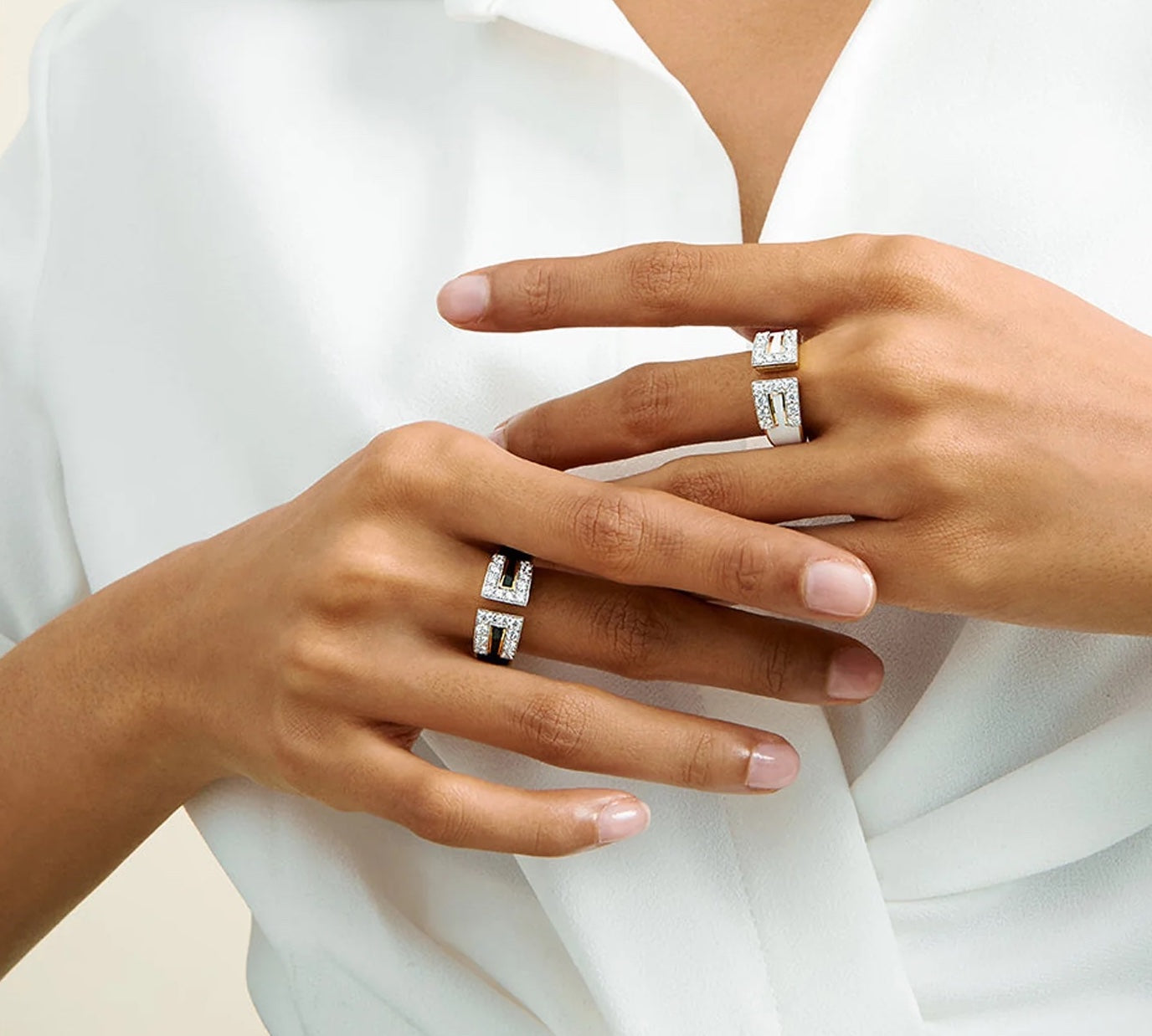 18k yellow gold black enamel Diamond Gap Ring by David Webb Tiny Gods on model