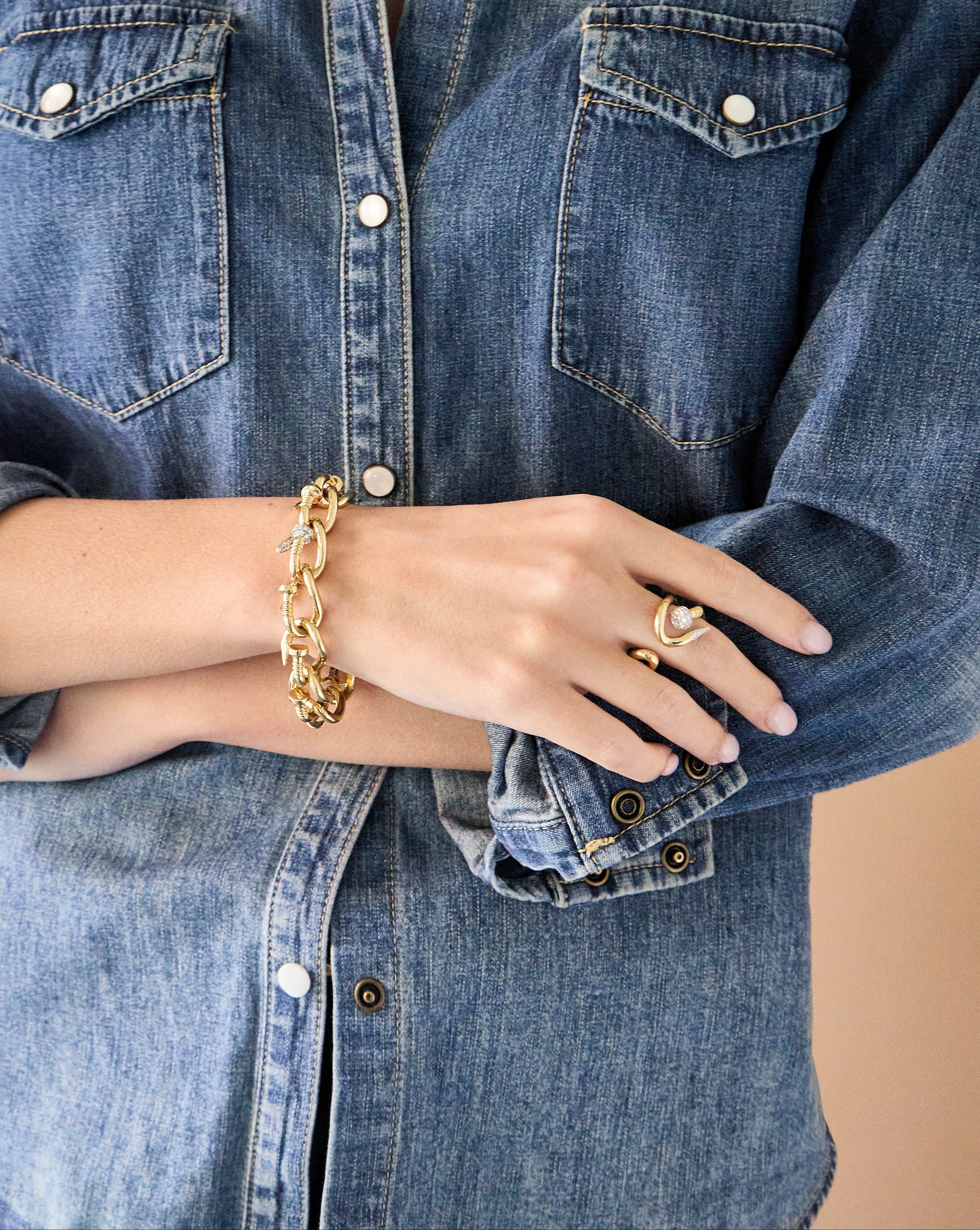 18k yellow gold platinum and diamond bent nail link bracelet by David Webb Tiny Gods