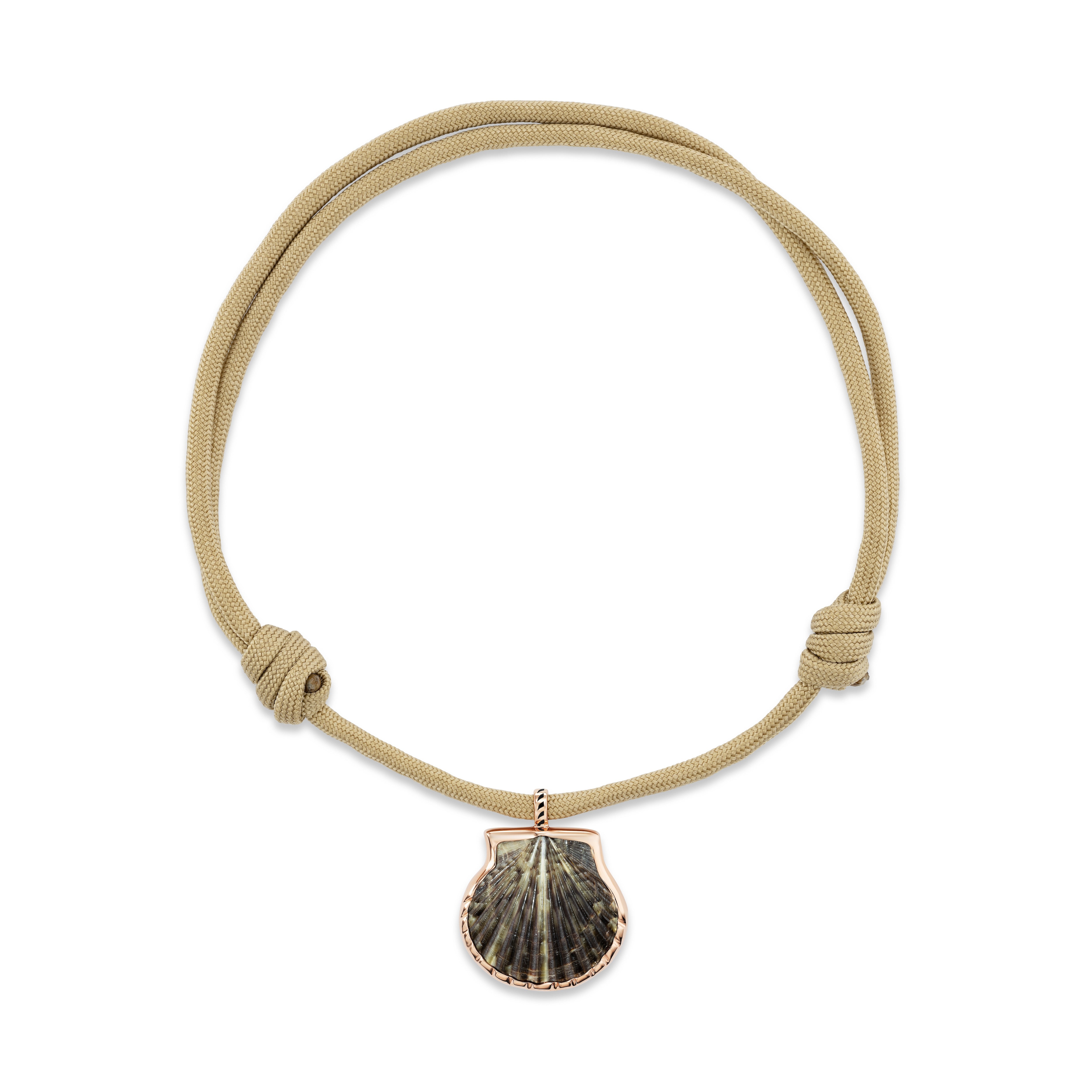 18k rose gold natural clam shell pendant necklace on paracord by Sara Beltran of Dezso at Tiny Gods