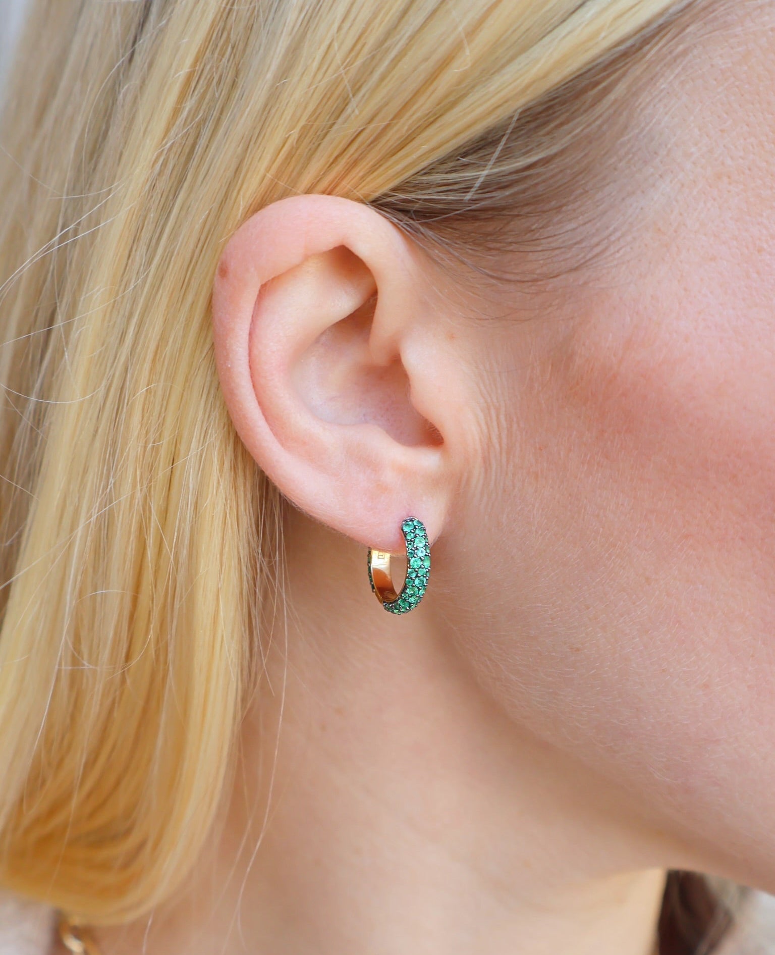 14k yellow gold emerald hinged hoops by Lucy Delius tiny gods