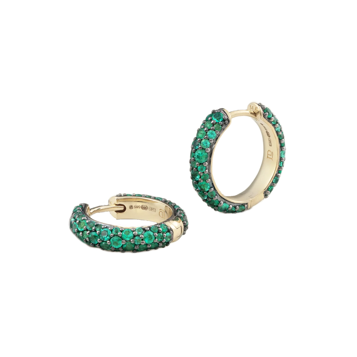 14k yellow gold emerald hinged hoops by Lucy Delius tiny gods