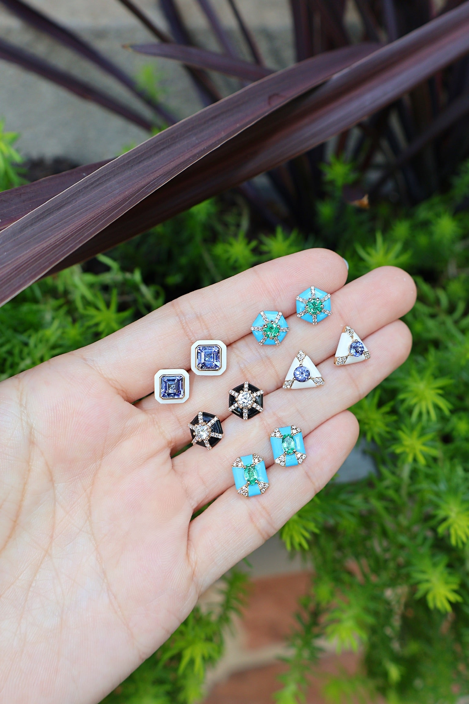 18k yellow gold Turquoise "Queen" Hexagon Emerald Earrings with diamonds Goshwara Tiny Gods