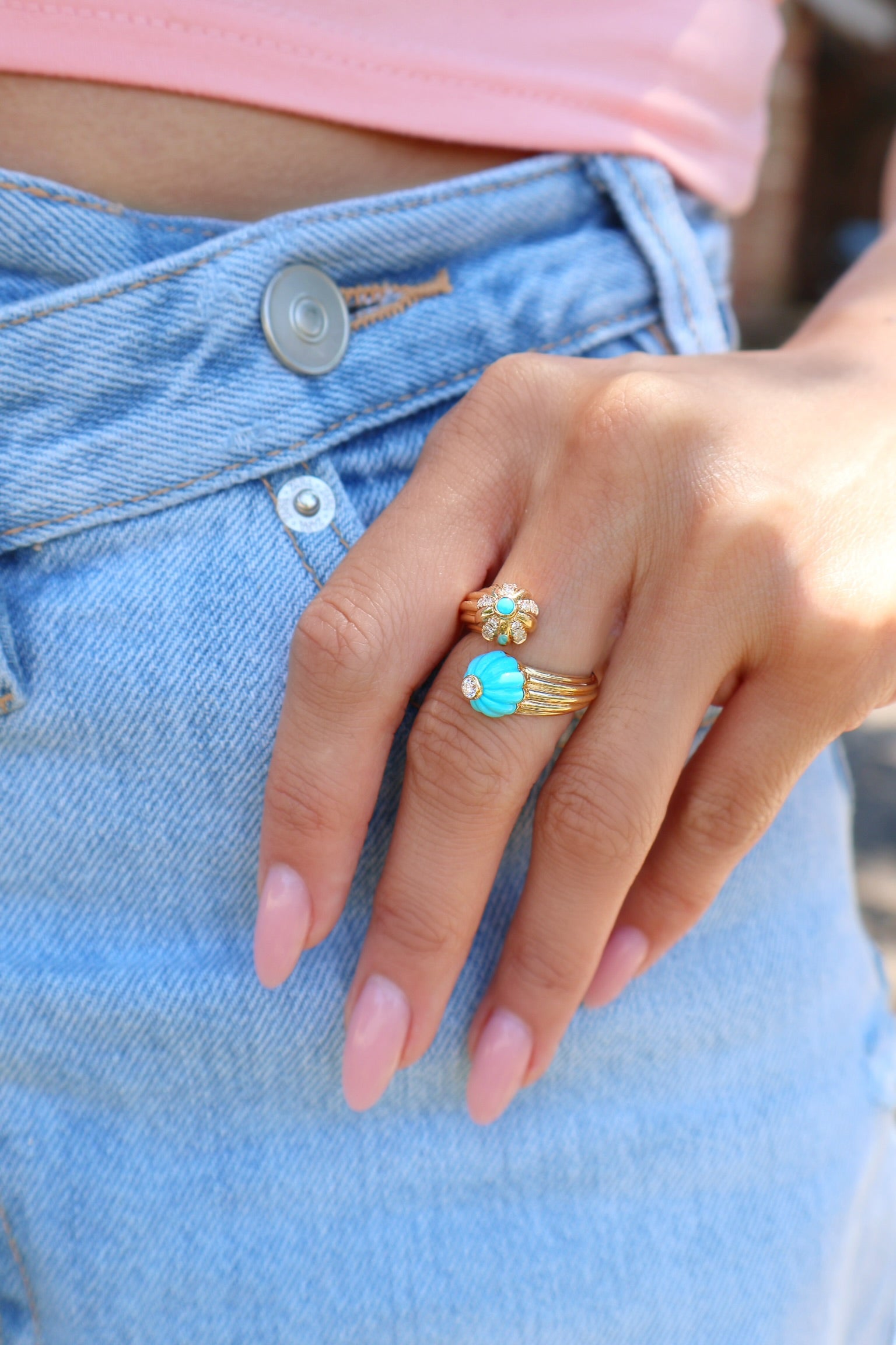 18k yellow gold diamond and turquoise double gelato moi et toi ring by Salome Rico Tiny Gods