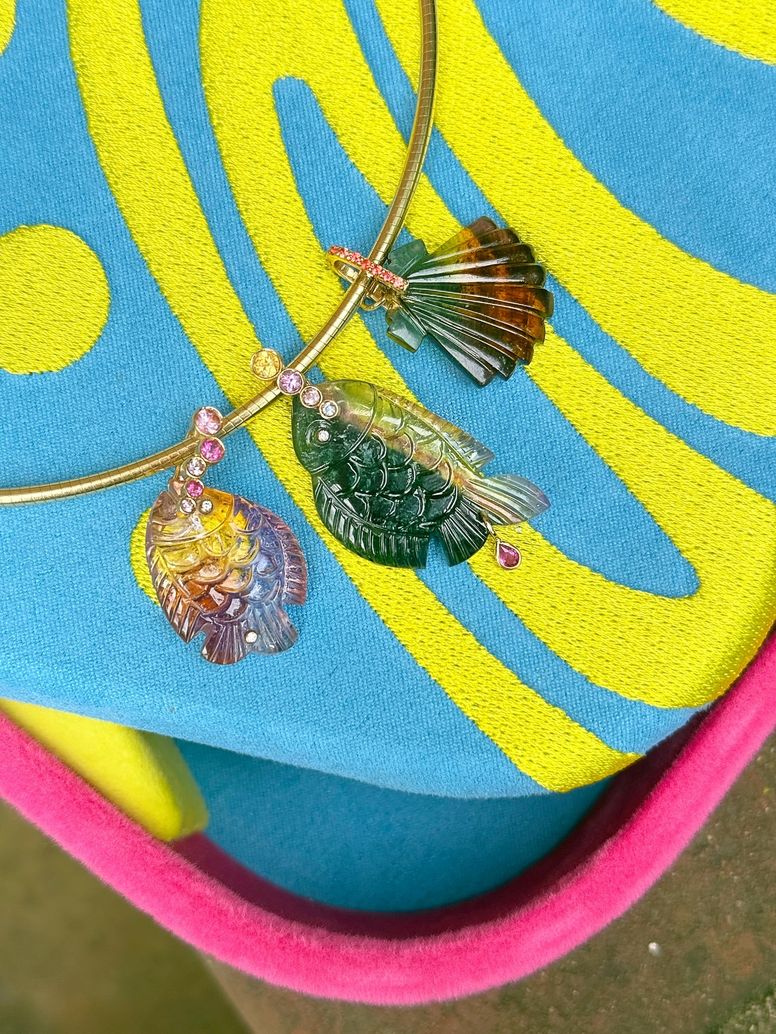Green Tourmaline Fish with Multicolor Sapphires
