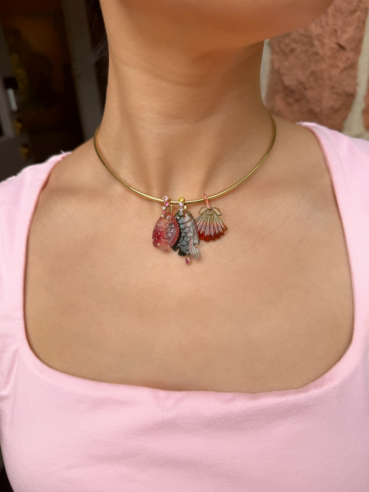 18k yellow gold light pink carved tourmaline fish pendant with bubble clasp by Violette Joaillarie Tiny Gods