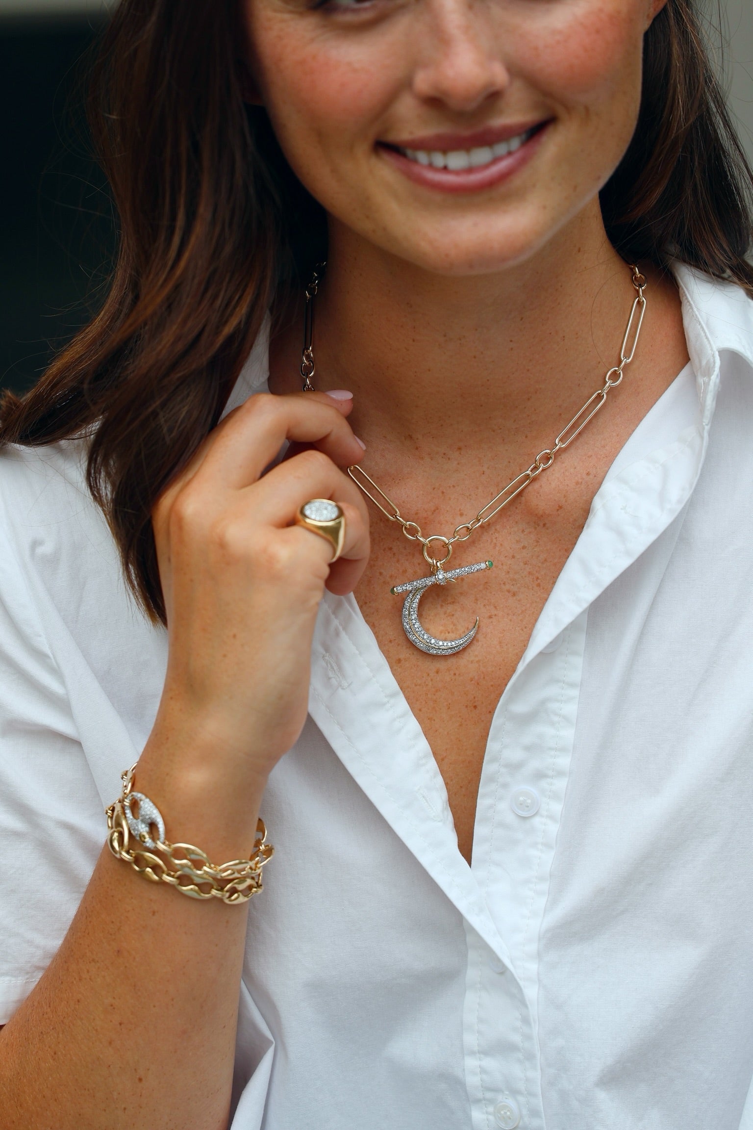 14k yellow gold diamond t-bar pendant with emeralds by Lucy Delius Tiny Gods