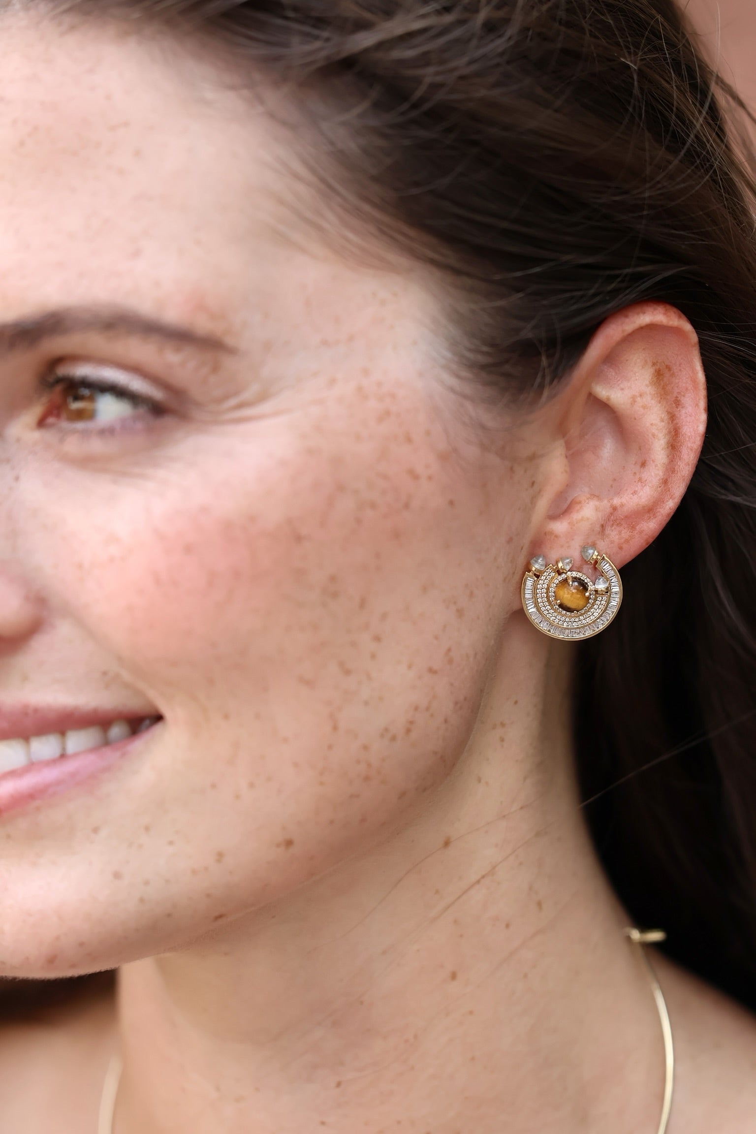 18k yellow gold tigers eye round chakra diamond earrings by Ananya Tiny Gods