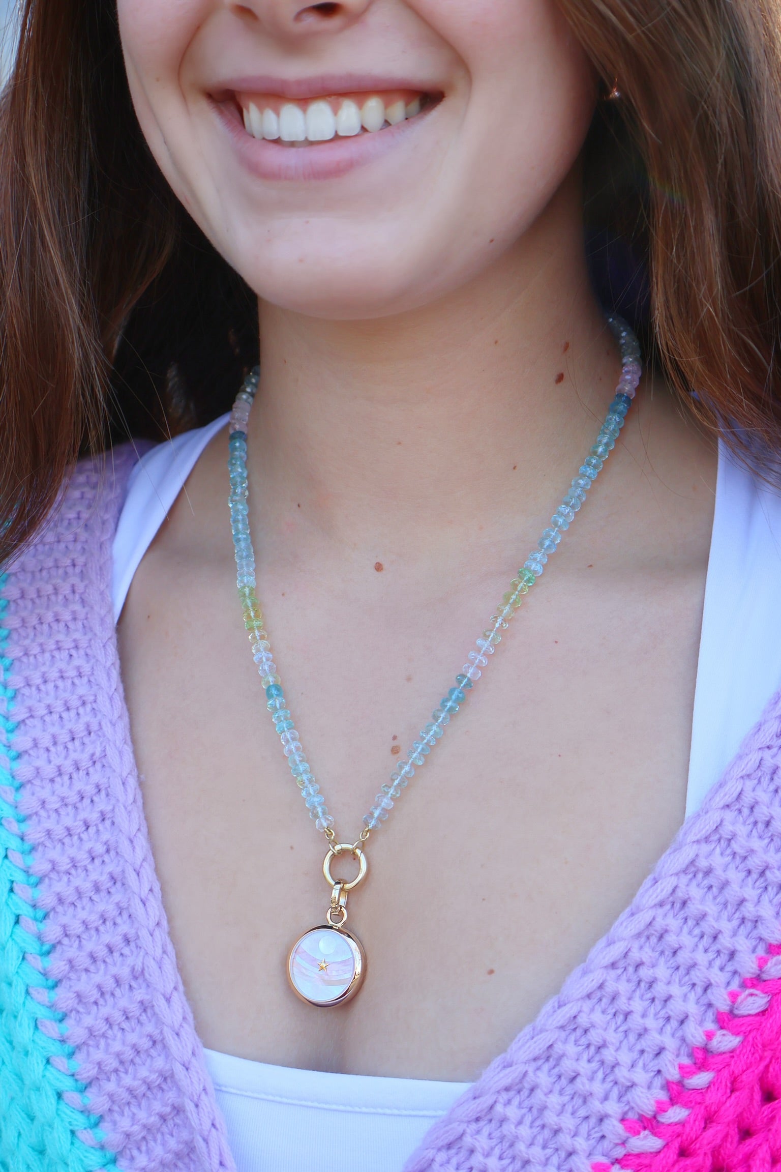 18k yellow gold pink mother of pearl Carpe Diem mosaic moon pendant by Anna Maccieri Rossi Tiny Gods sale