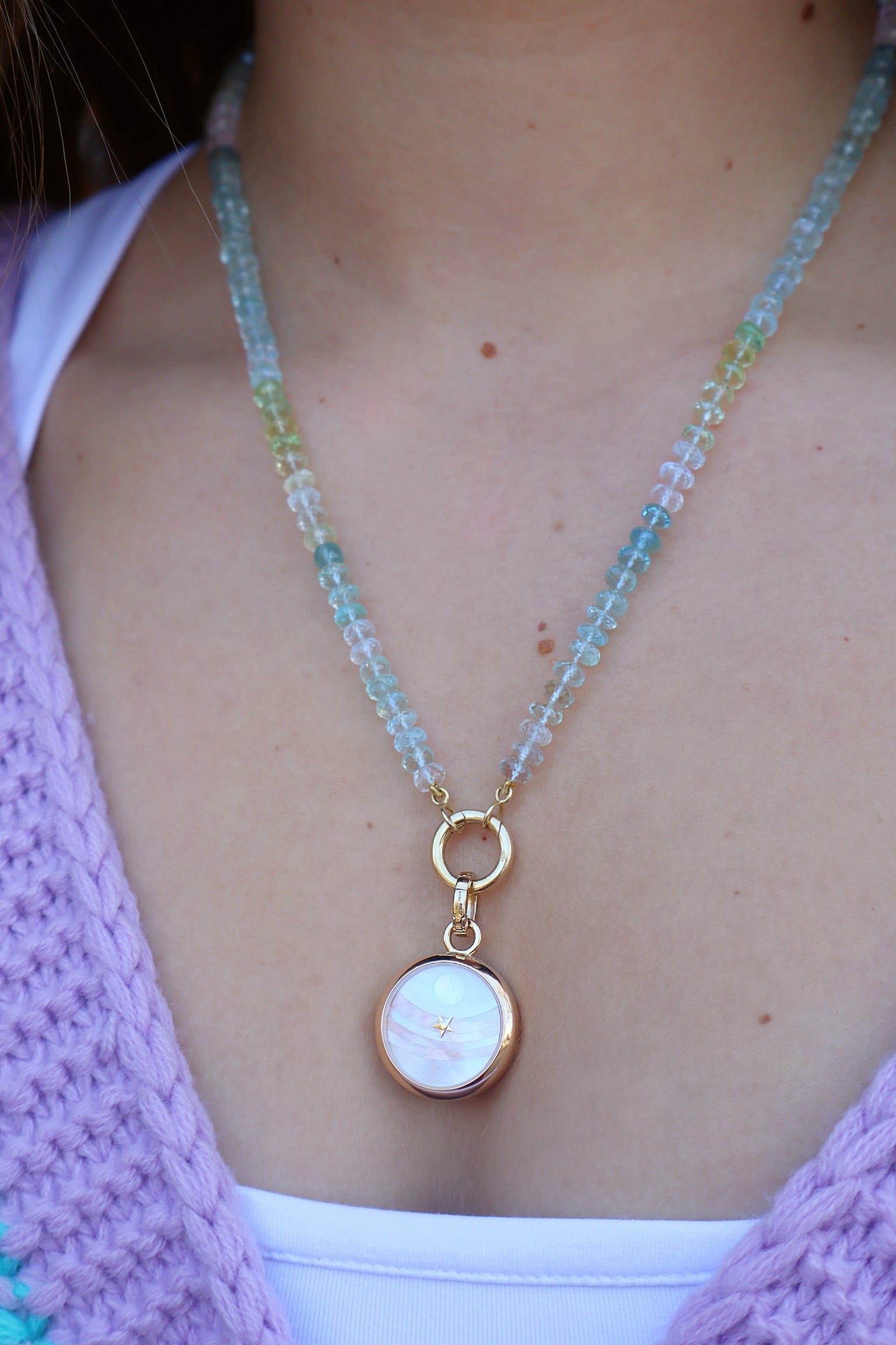 18k yellow gold pink mother of pearl Carpe Diem mosaic moon pendant by Anna Maccieri Rossi Tiny Gods sale