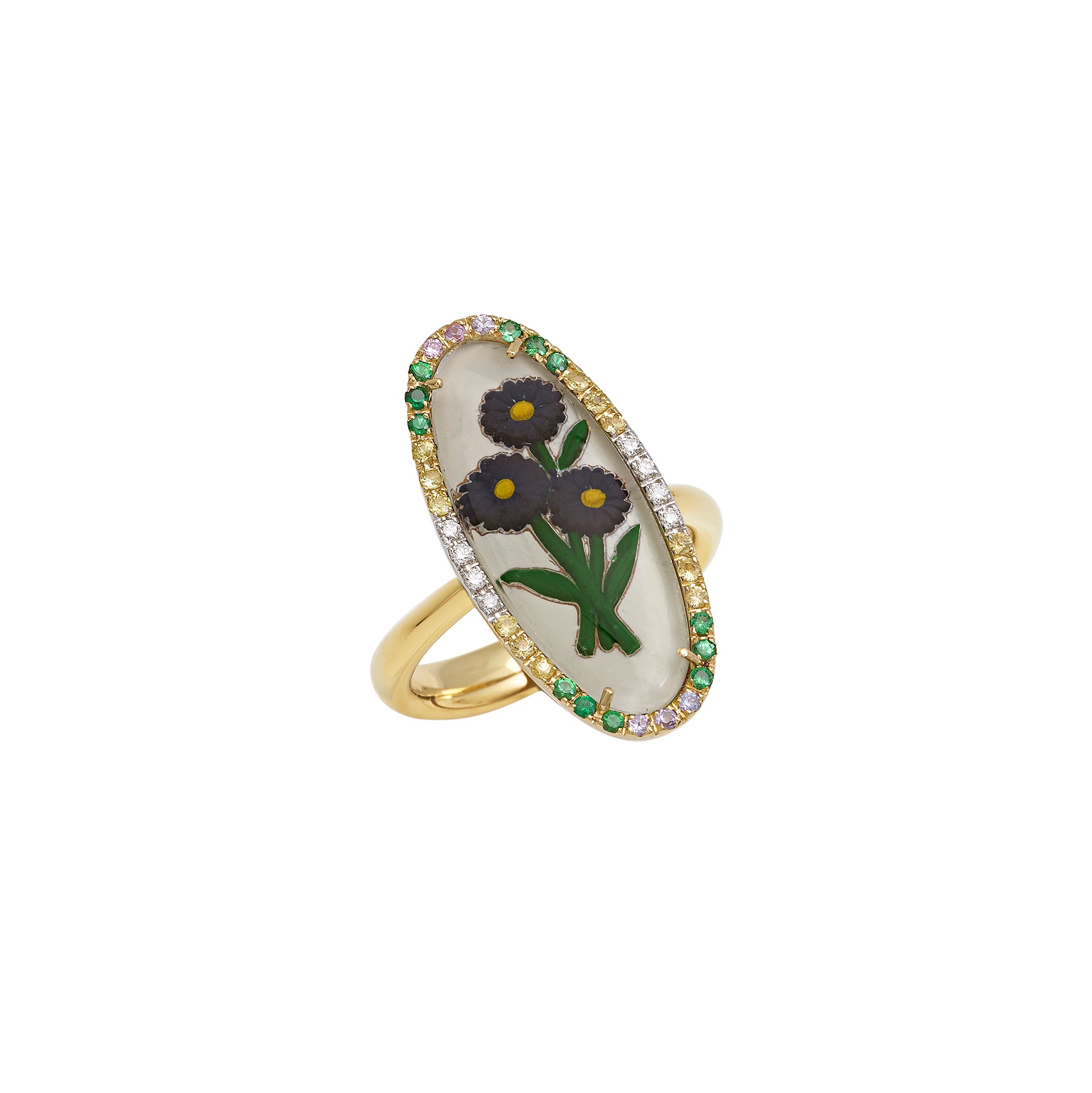 18k yellow gold Gerber Daisy Ring by Francesca Villa Enamel flower jewelry Tiny Gods
