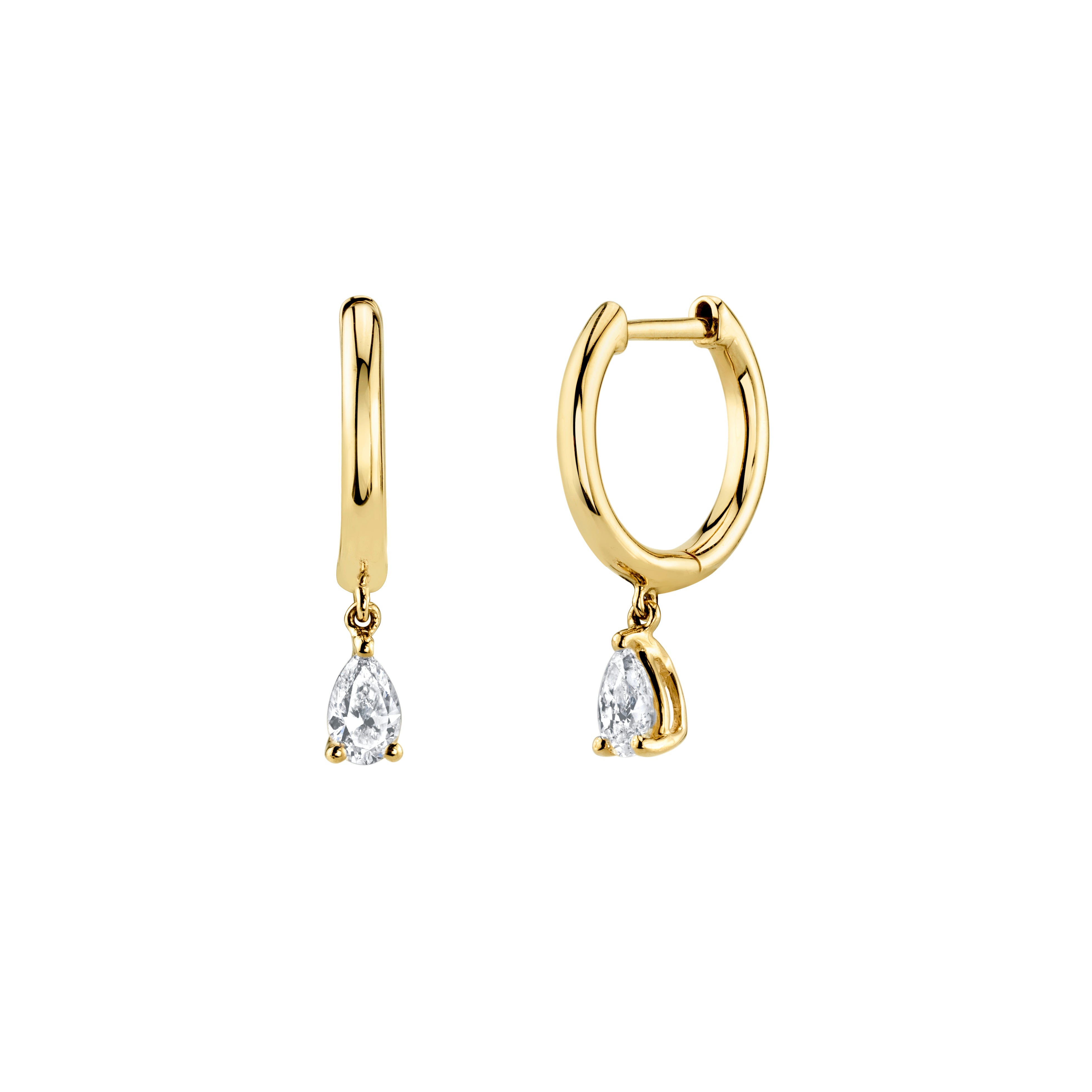 Gold Huggies with Pear Diamond Drops 18k yellow gold hoops Anita Ko at Tiny Gods
