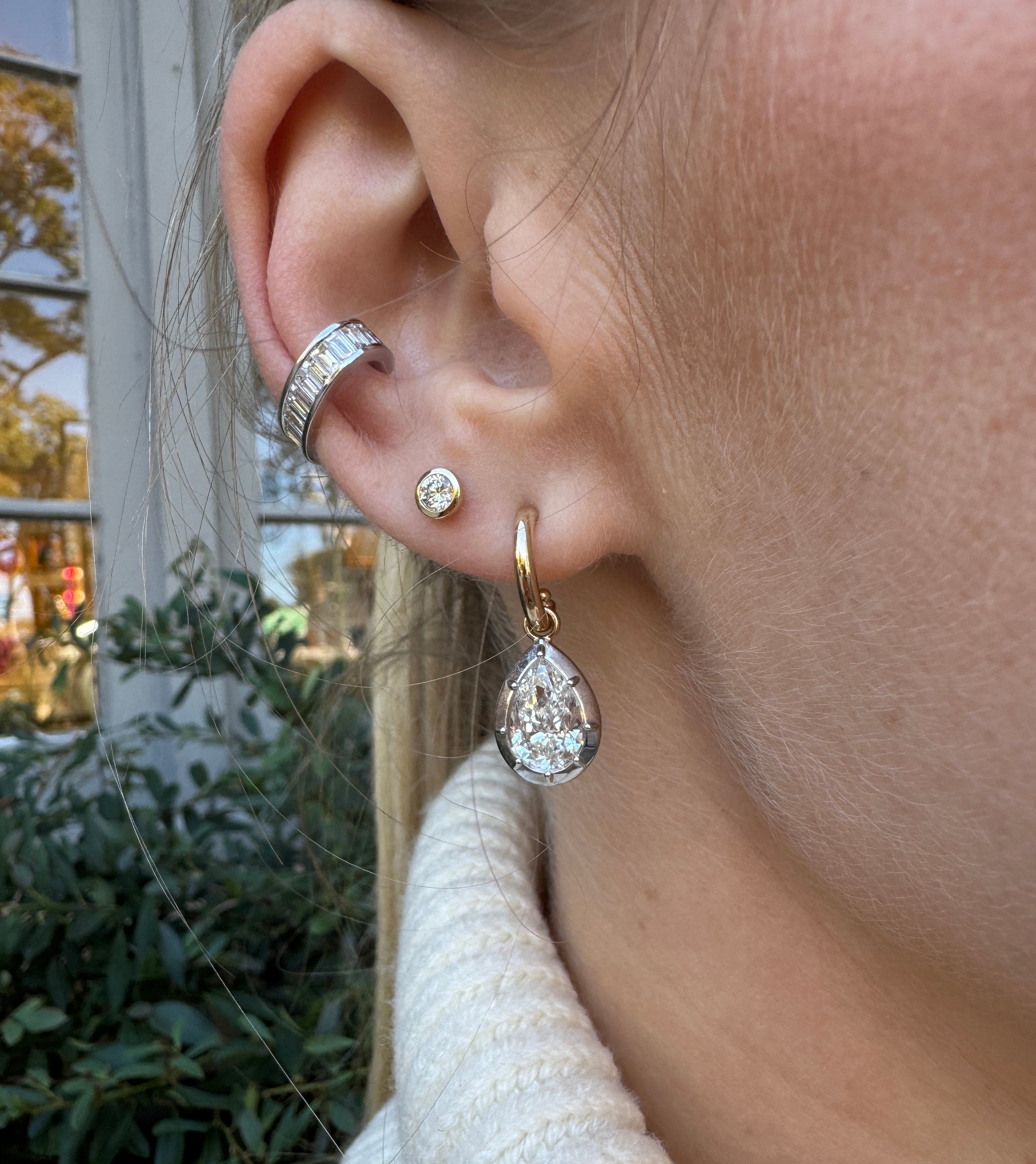 18k yellow gold Pear shaped diamond bezel drop Huggies Earrings Jessica McCormick Tiny Gods on model