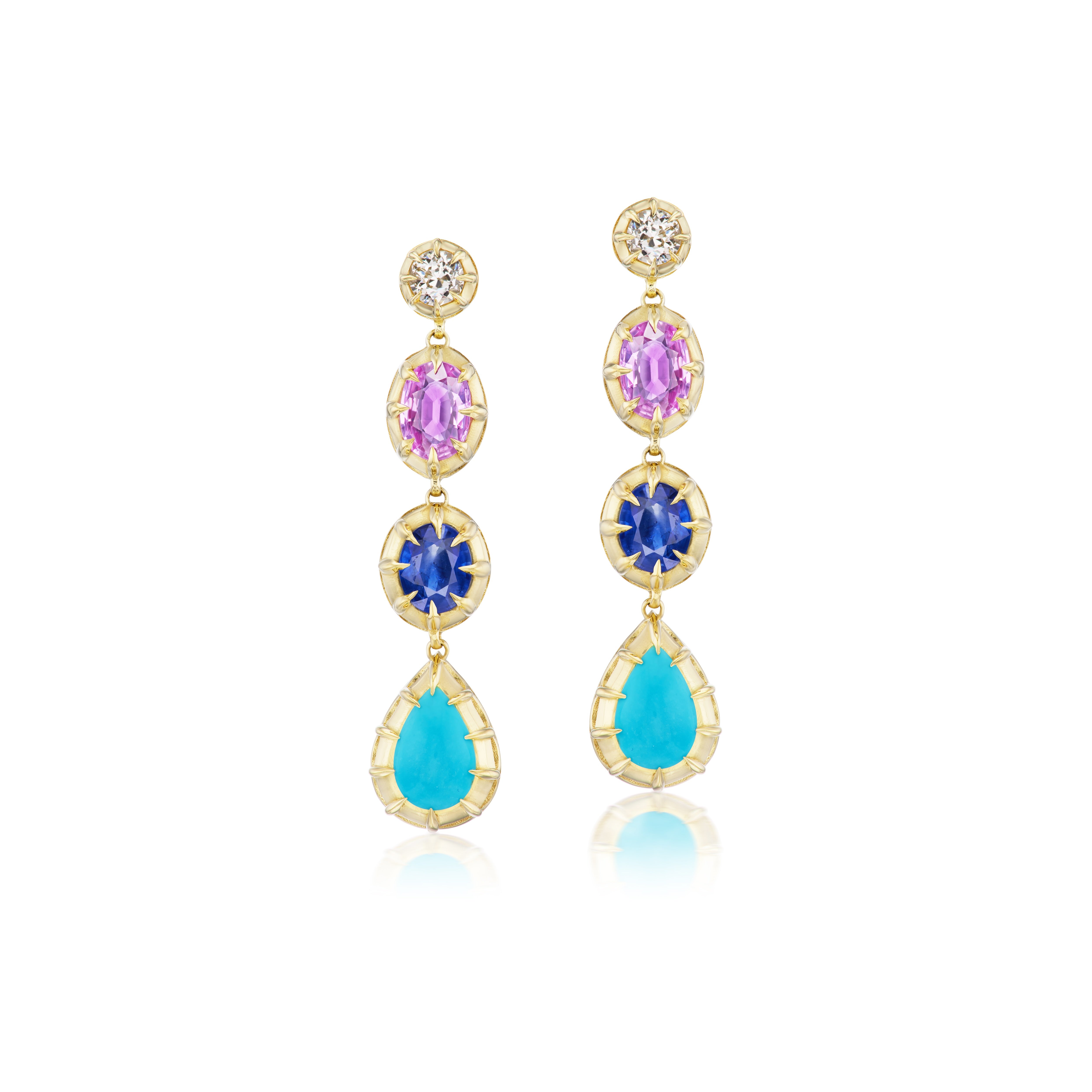 18k yellow gold four drop gemstone diamond statement earrings by Jenna Blake at tiny gods sapphire turquoise bezel prong