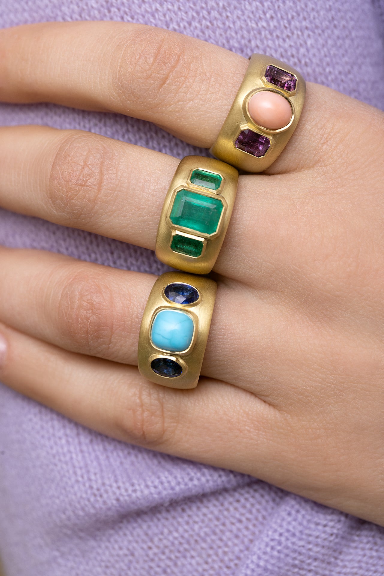 18k yellow gold three stone pink sapphire and coral ring by Jenna Blake Tiny Gods