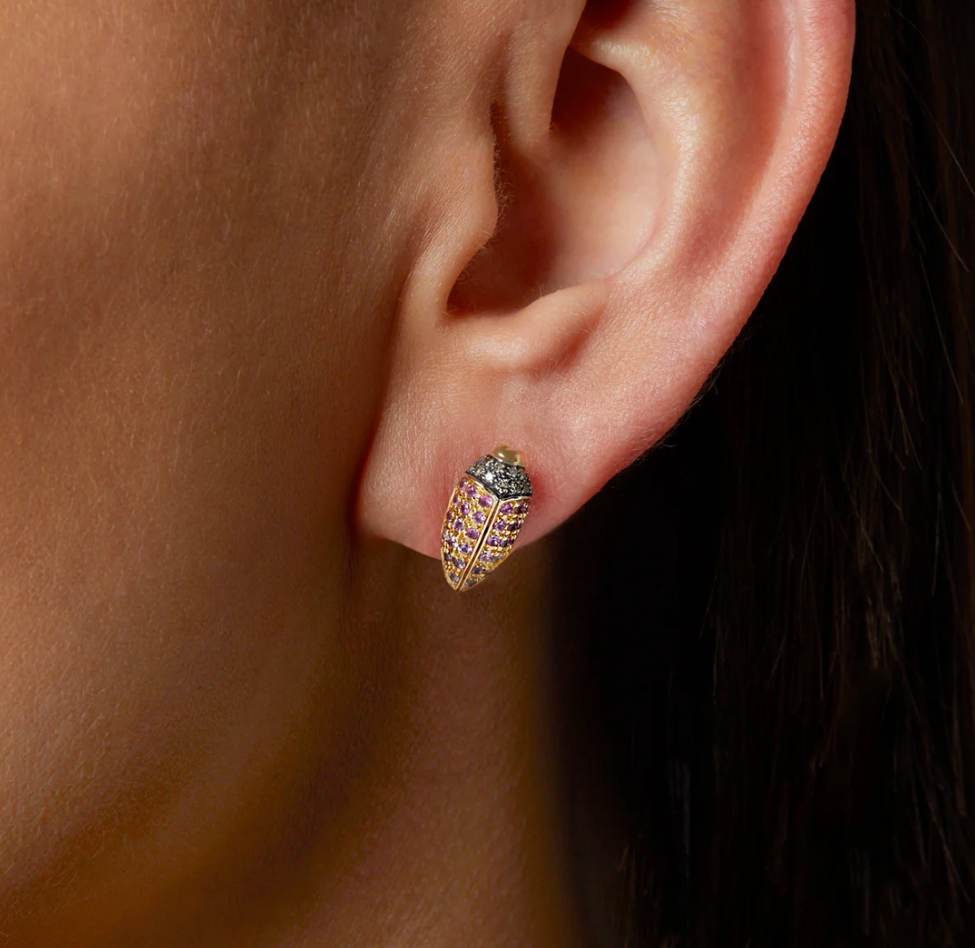 18k yellow gold pink sapphire mini scarab stud earring by Bibi van der Velden Tiny Gods