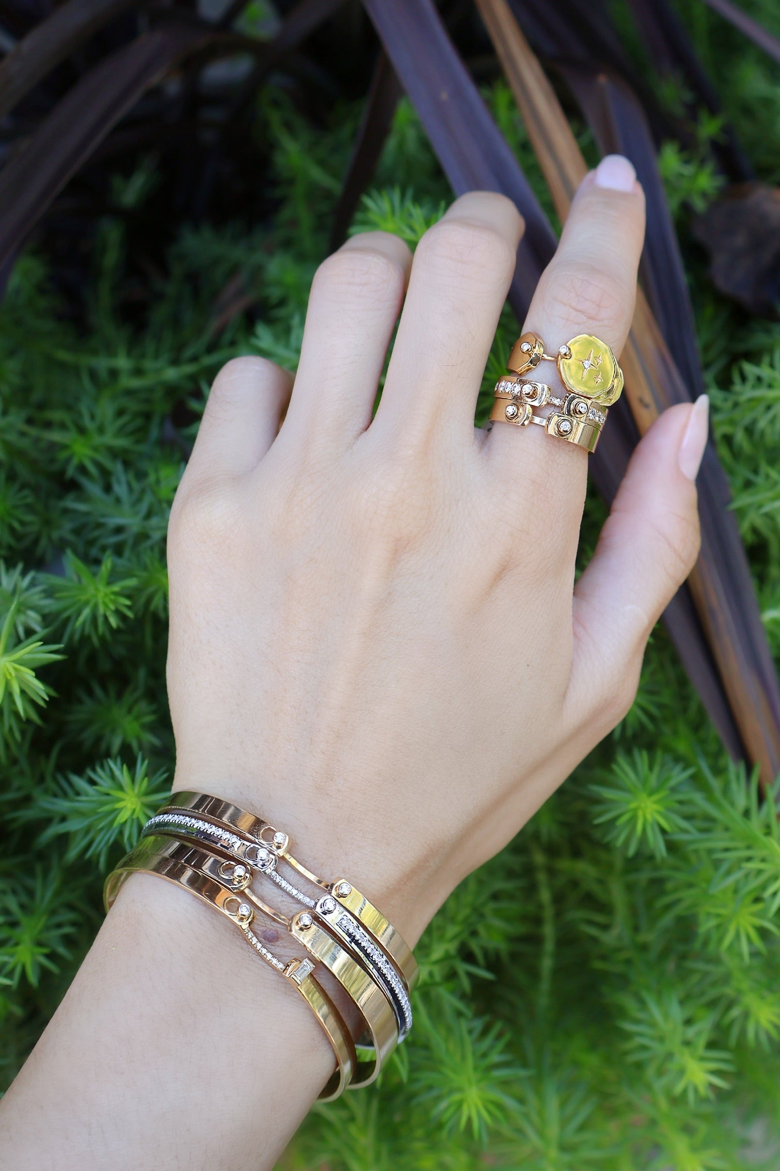 Monday Morning Mood Bangle by Nouvel Heritage. 18K yellow gold, diamonds, bangle bracelet.