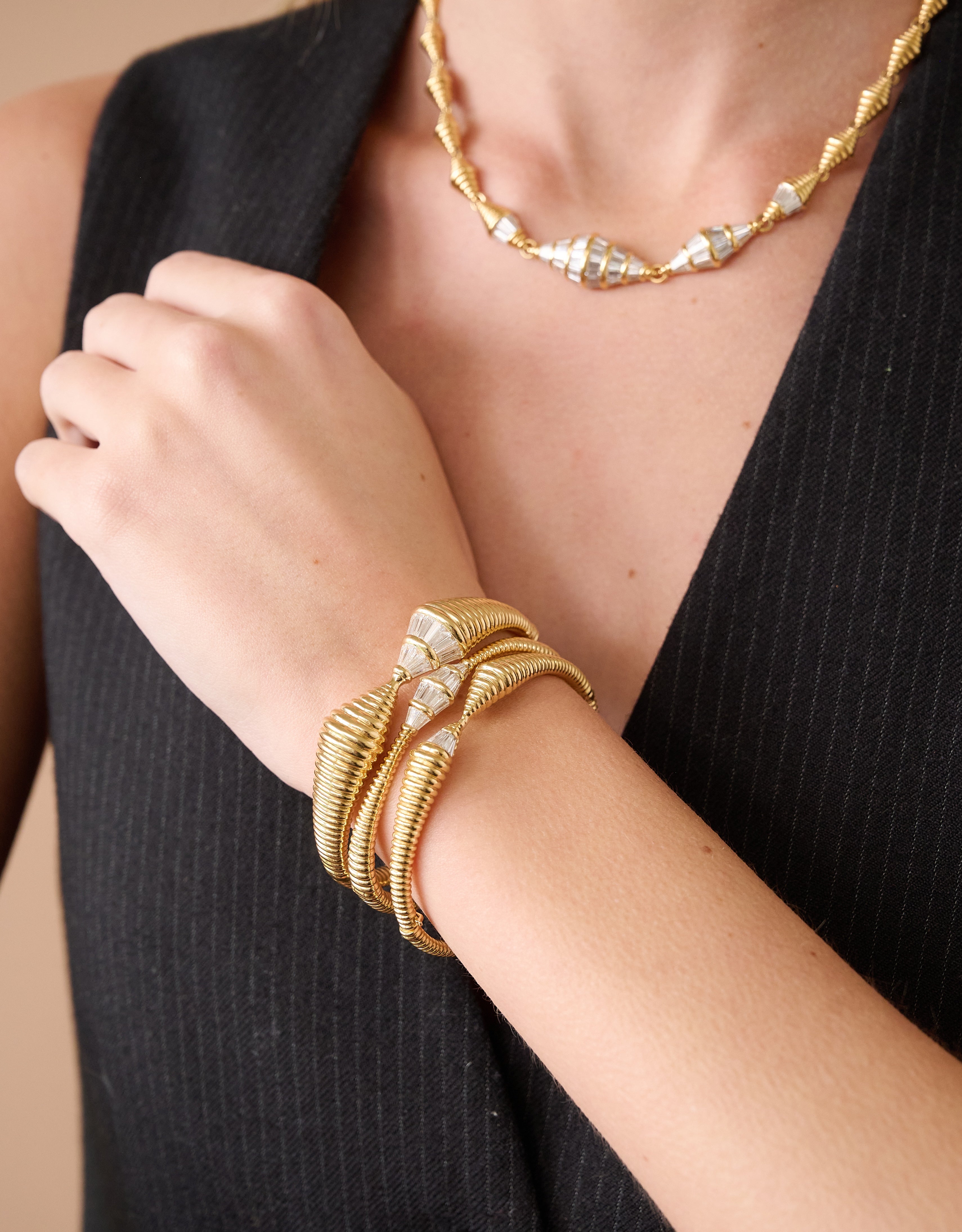 18k yellow gold diamond baguette tapered revisited spectrum bracelet by Nikos Koulis Tiny Gods