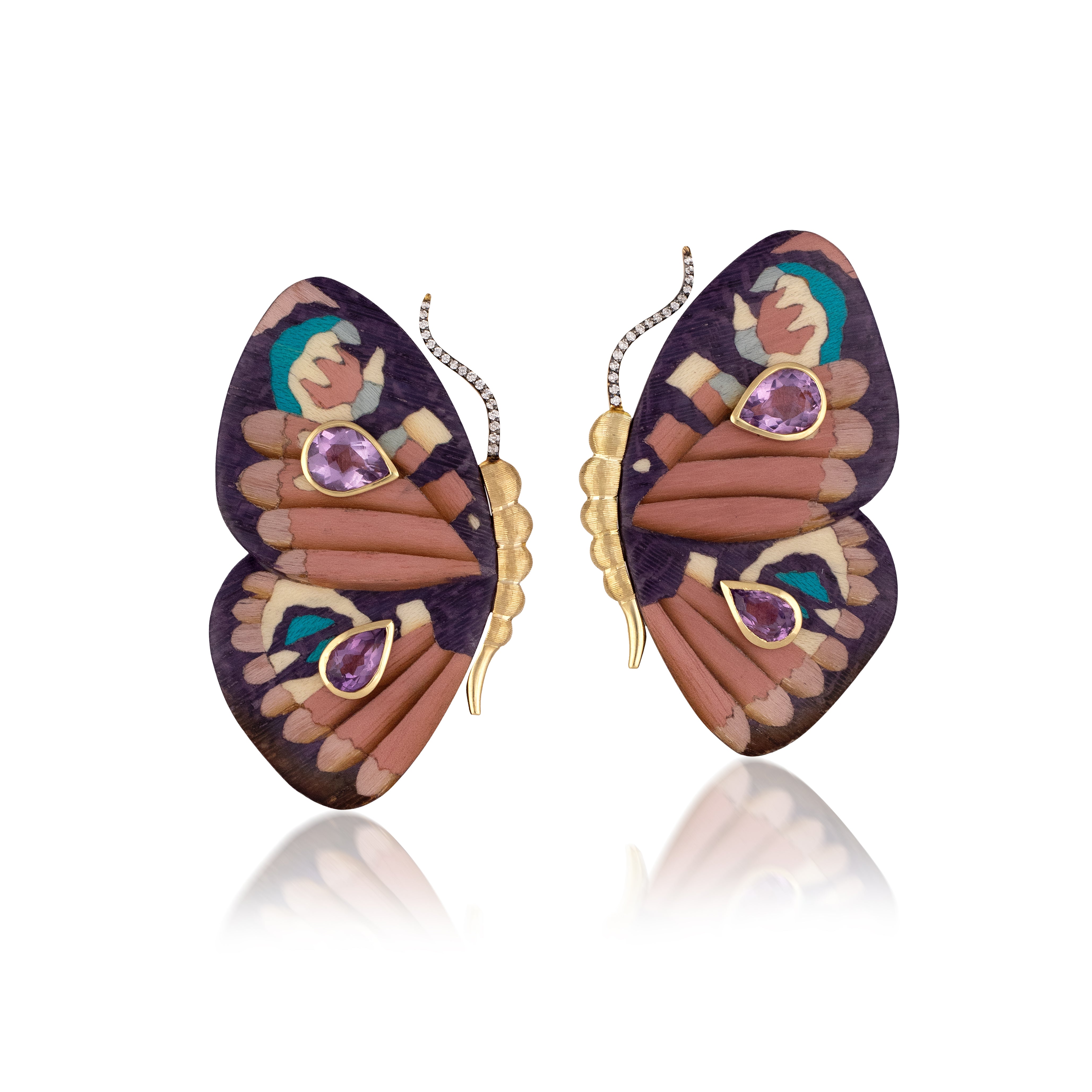 purple butterfly marquetry earrings diamond amethyst silvia furmanovich tiny gods