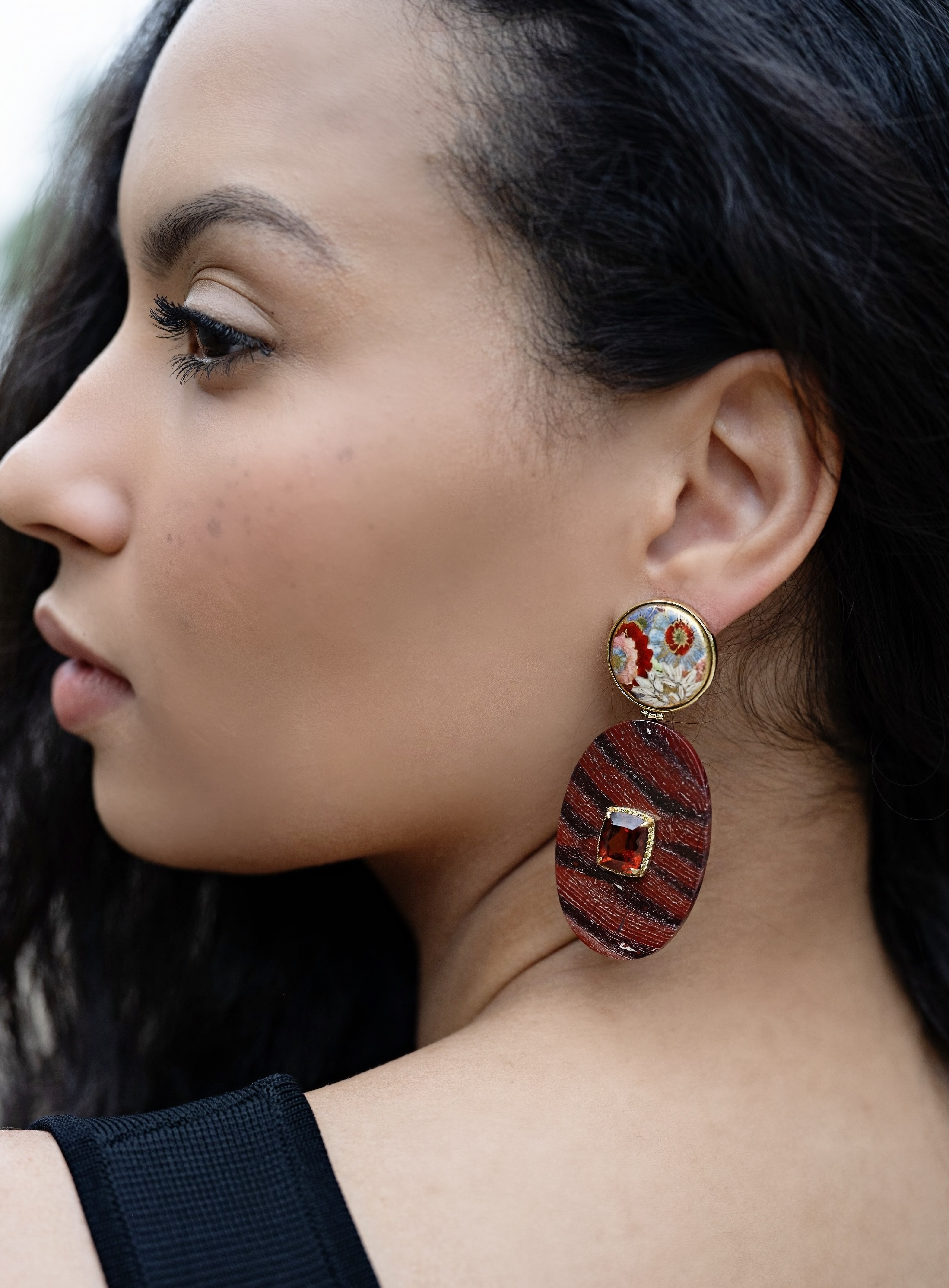 Red Jasper & Flower Motif Earrings